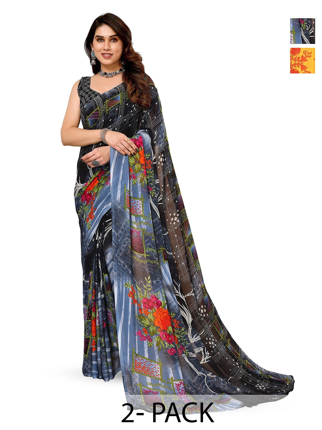 

ANAND SAREES Selection Of 2 Printed Saree, Black
