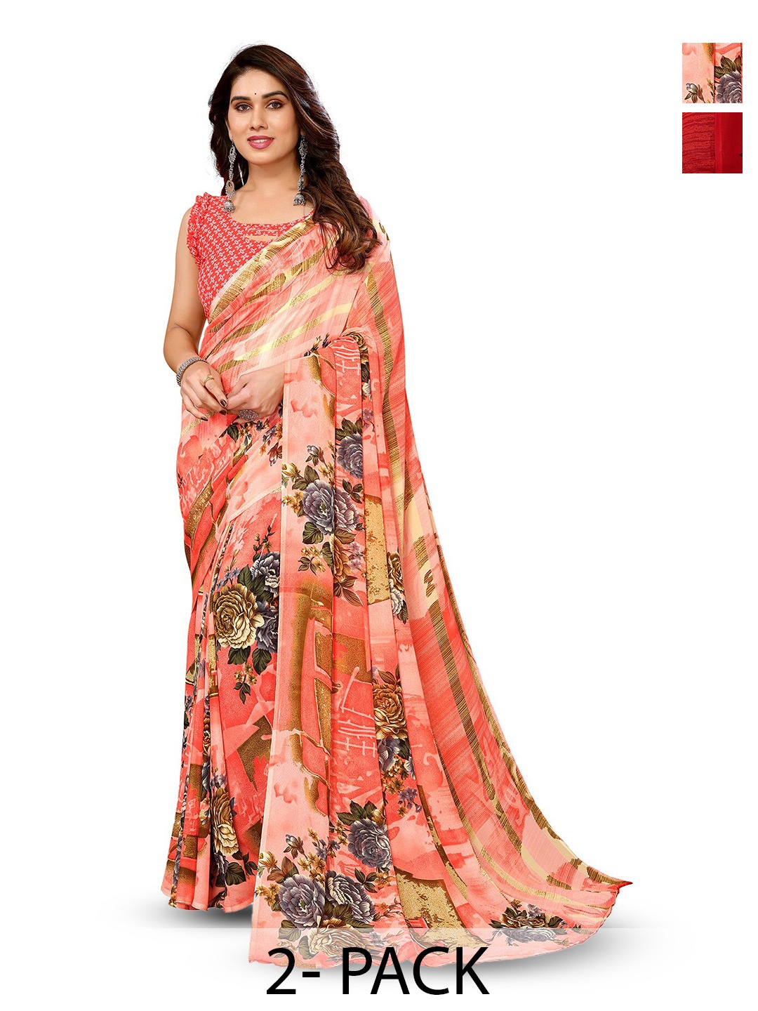 

ANAND SAREES Selection Of 2 Printed Sarees, Peach