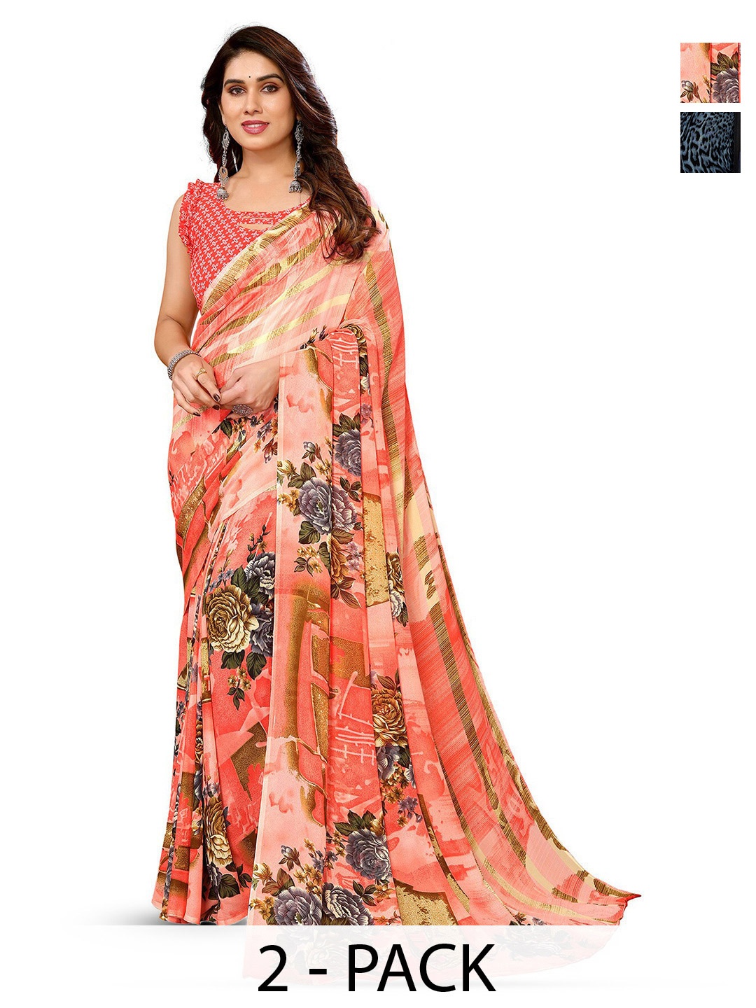 

ANAND SAREES Selection Of 2 Floral Printed Sarees, Pink