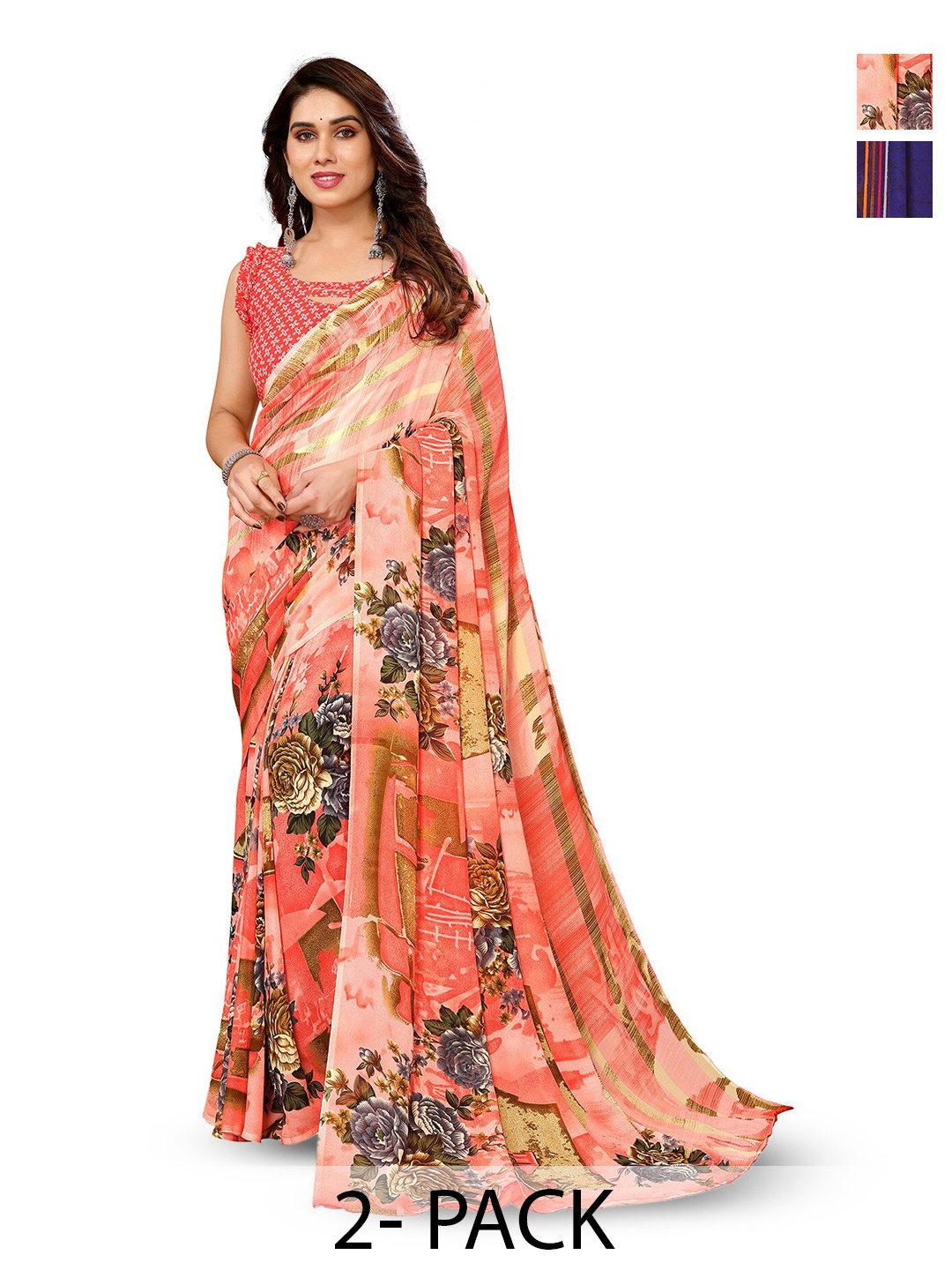 

ANAND SAREES Pack Of 2 Printed Georgette Saree, Peach