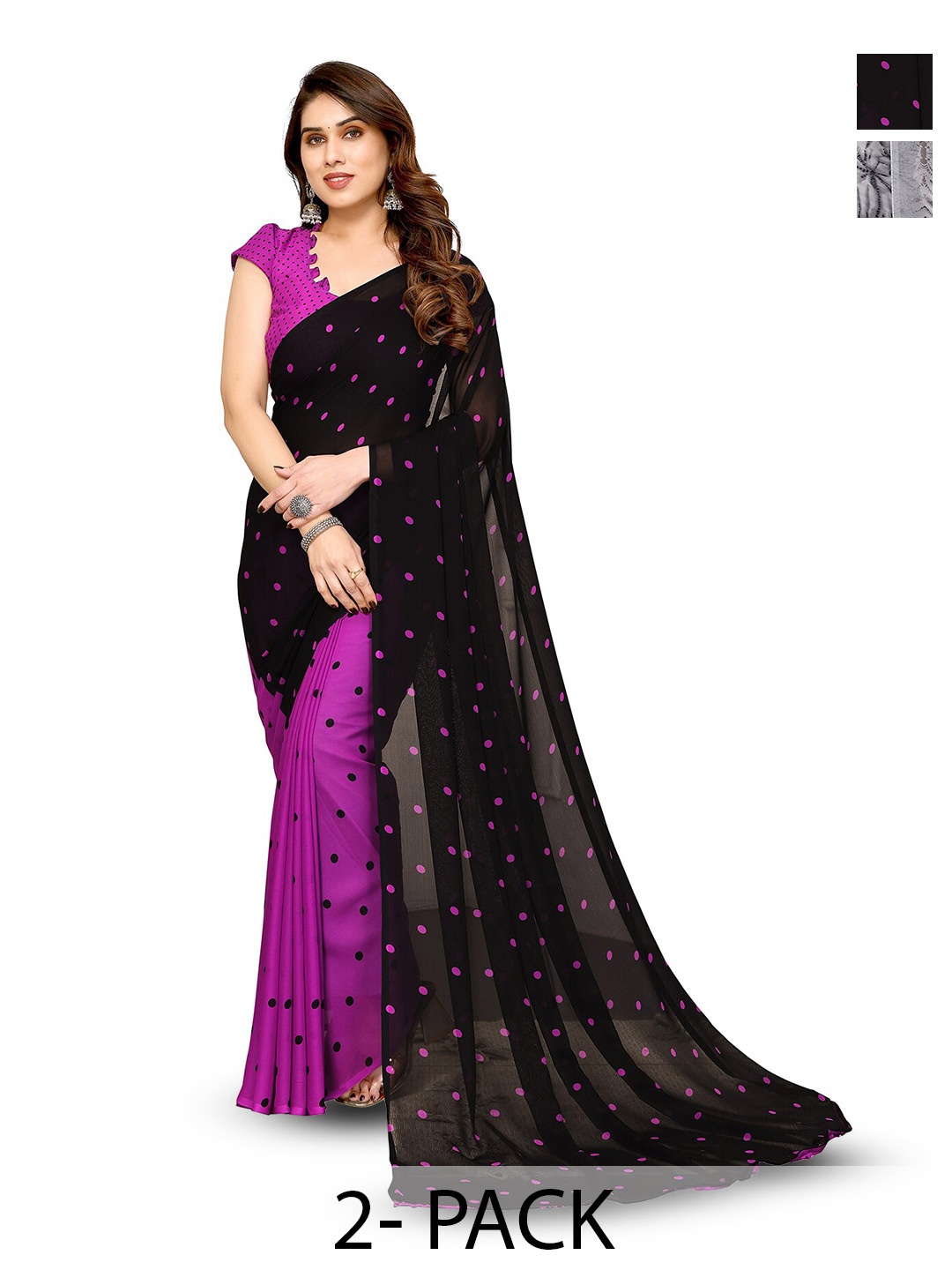 

ANAND SAREES Selection of 2 Polka Dots Printed Sarees, Purple