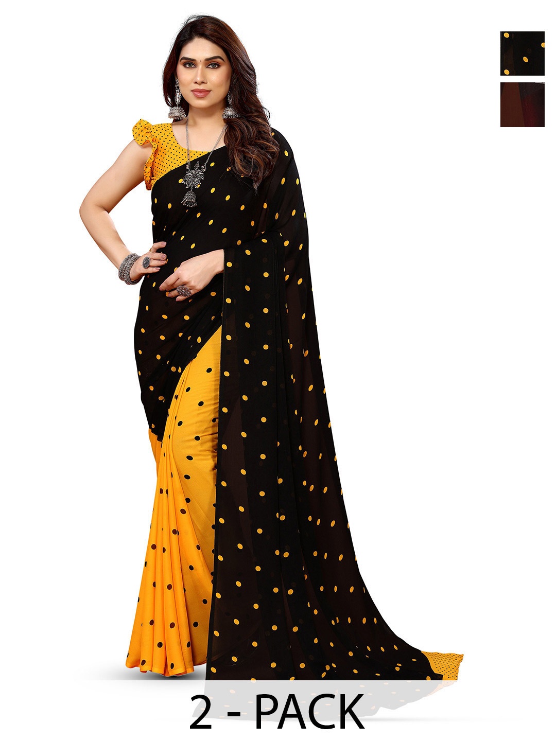 

ANAND SAREES Selection Of 2 Polka Dots Printed Sarees, Black