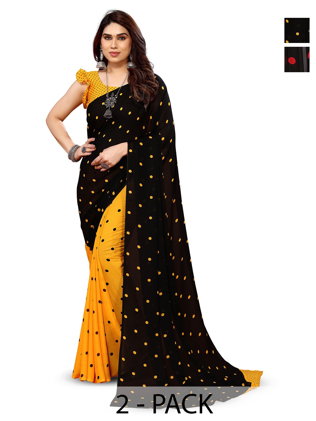 

ANAND SAREES Selection Of 2 Polka Dots Printed Sarees, Black