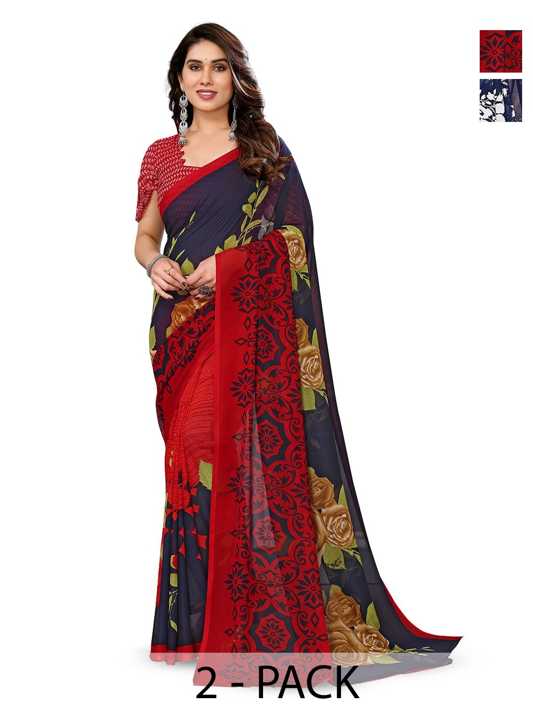 

ANAND SAREES Selection Of 2 Floral Printed Sarees, Blue