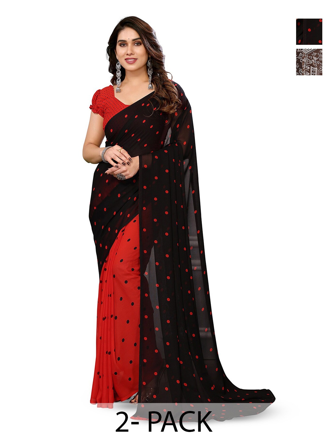 

ANAND SAREES Pack of 2 Polka Dot Printed Georgette Saree, Red