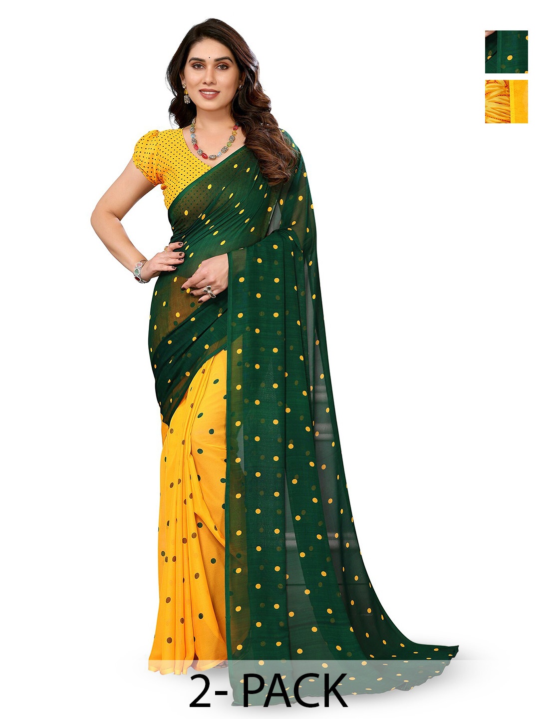 

ANAND SAREES Selection Of 2 Polka Dot Printed Sarees, Green