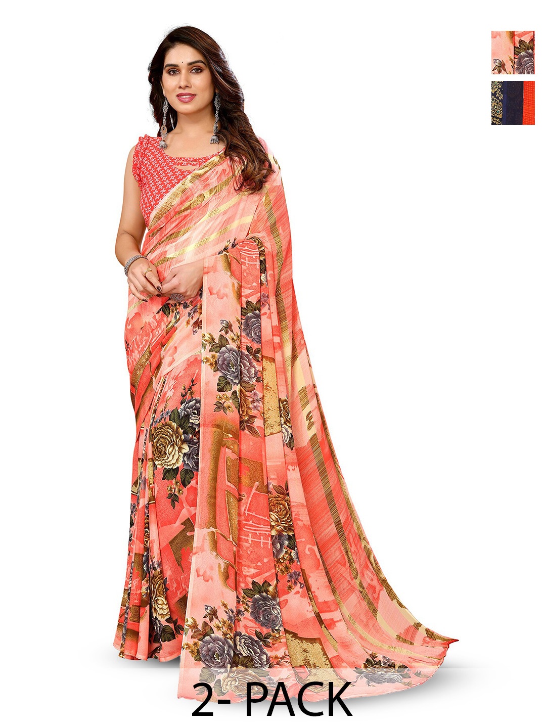 

ANAND SAREES Selection Of 2 Floral Printed Sarees, Peach