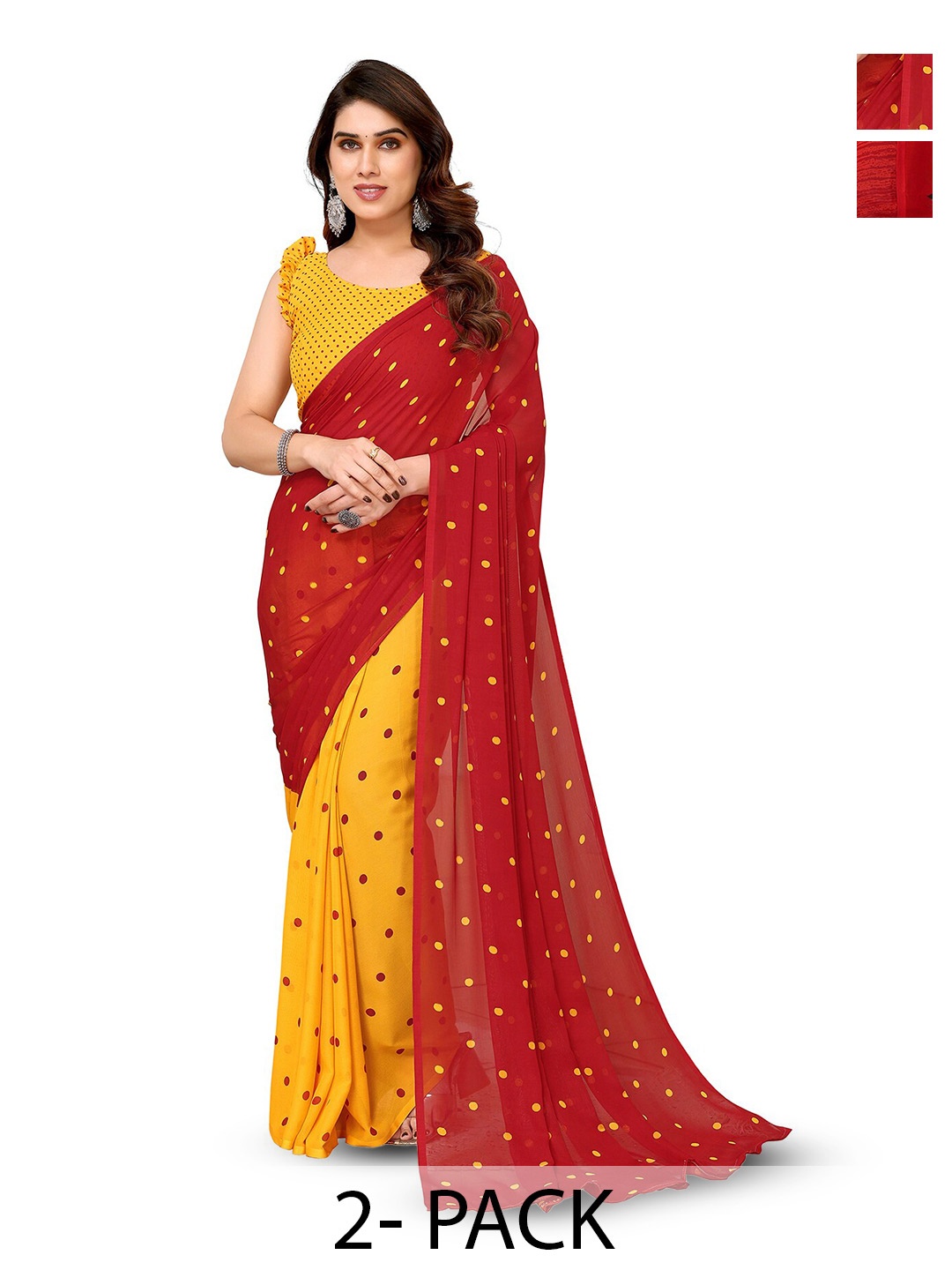 

ANAND SAREES Selection Of 2 Polka Dot Sarees, Red