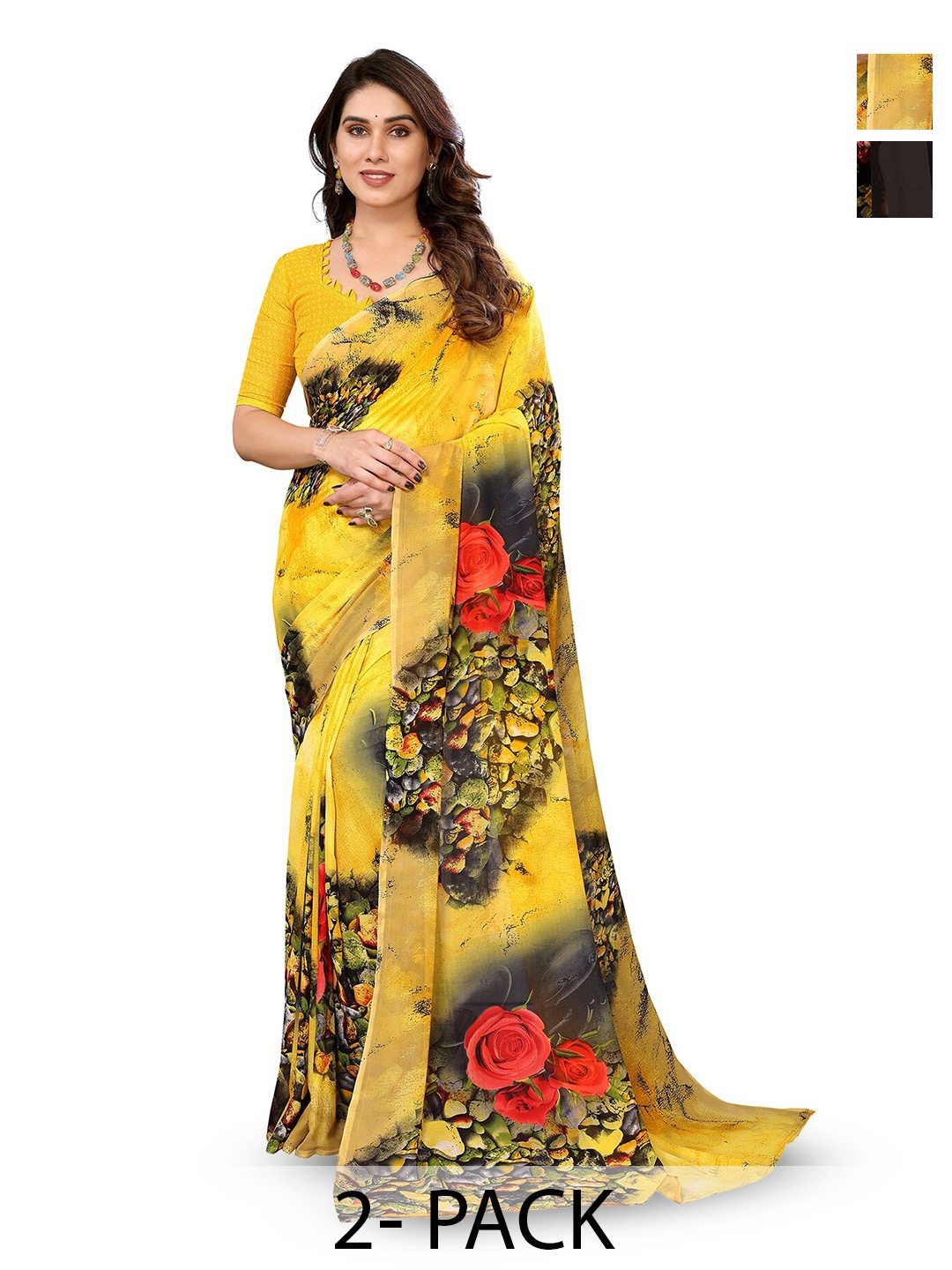 

ANAND SAREES Selection Of 2 Floral Printed Sarees, Yellow