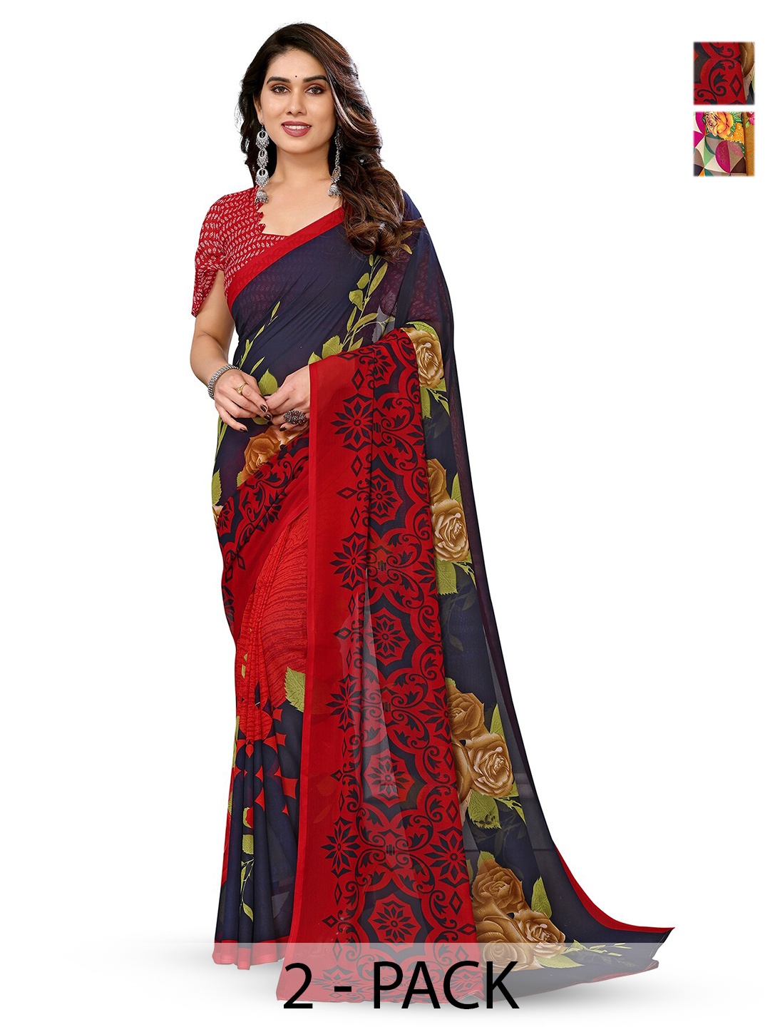 

ANAND SAREES Selection Of 2 Floral Printed Sarees, Red