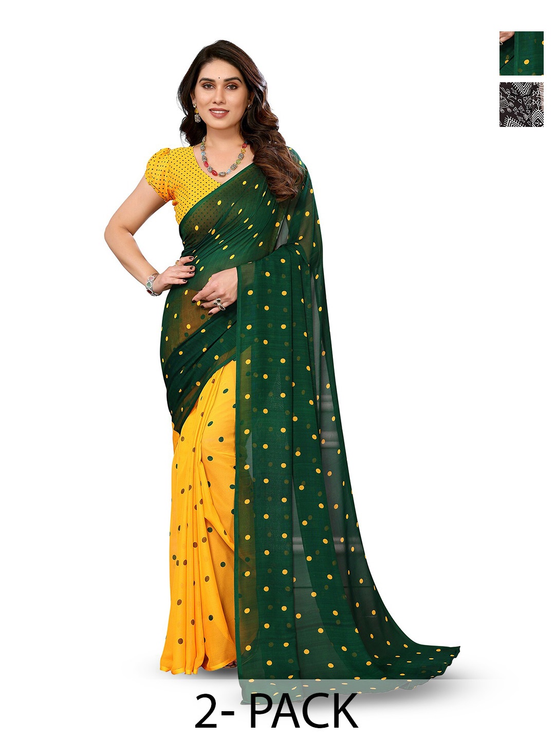 

ANAND SAREES Selection Of 2 Polka Dots Printed Sarees, Green