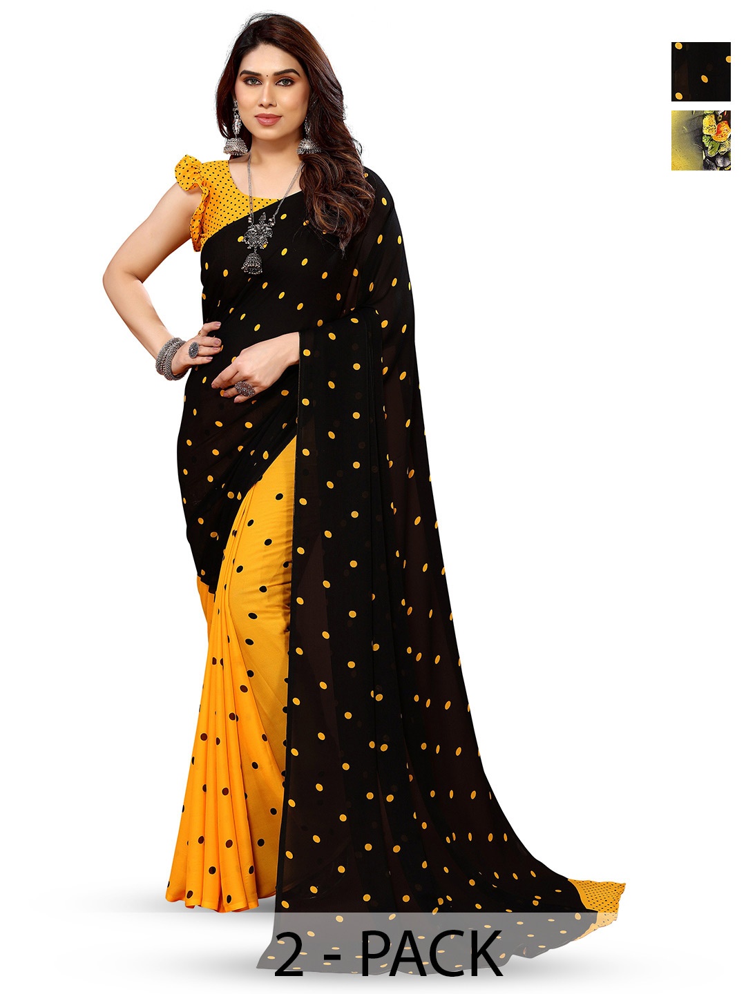 

ANAND SAREES Selection Of 2 Polka Dots Printed Sarees, Black