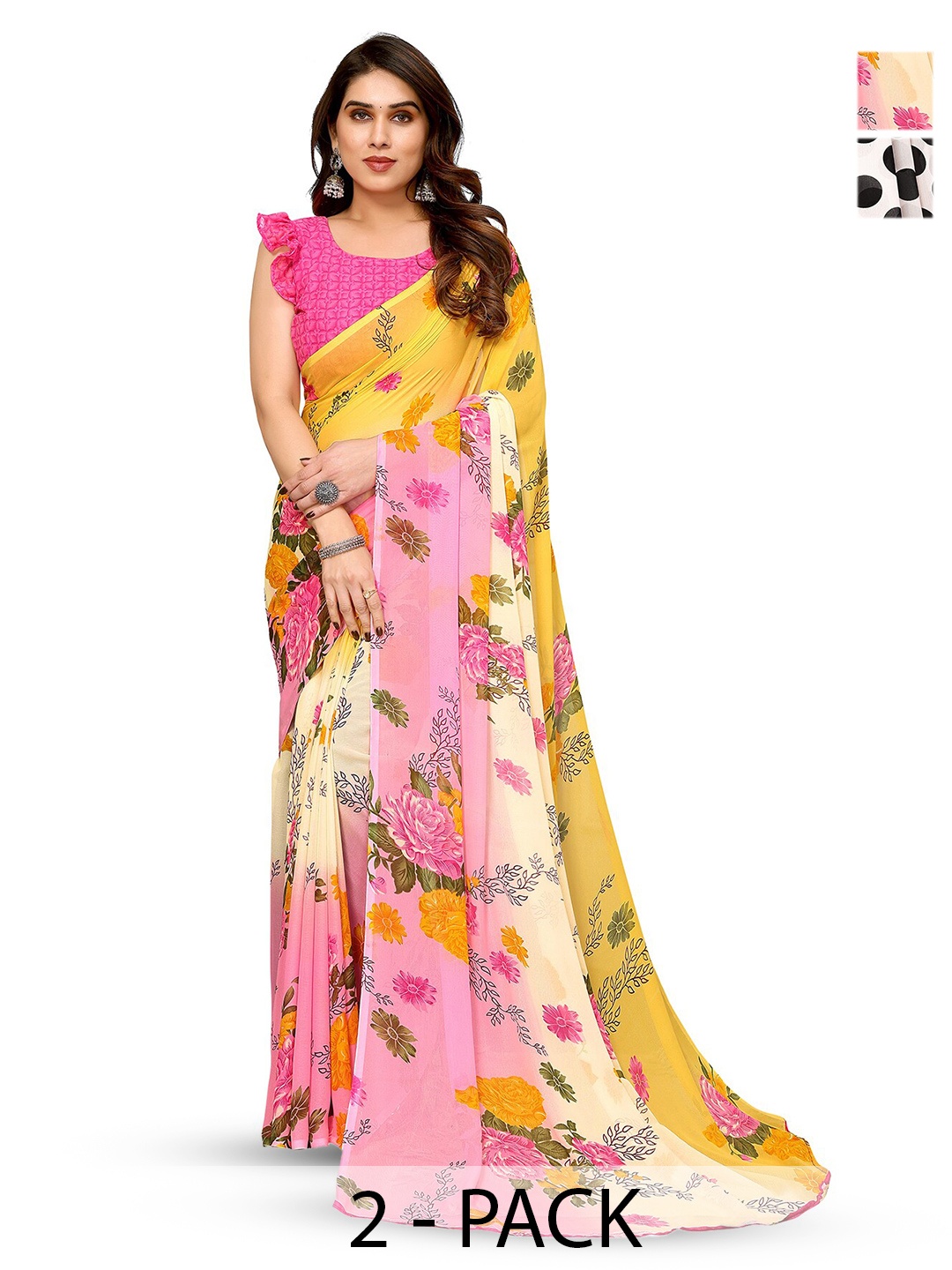 

ANAND SAREES Selection of 2 Polka Dot Printed Sarees, Pink