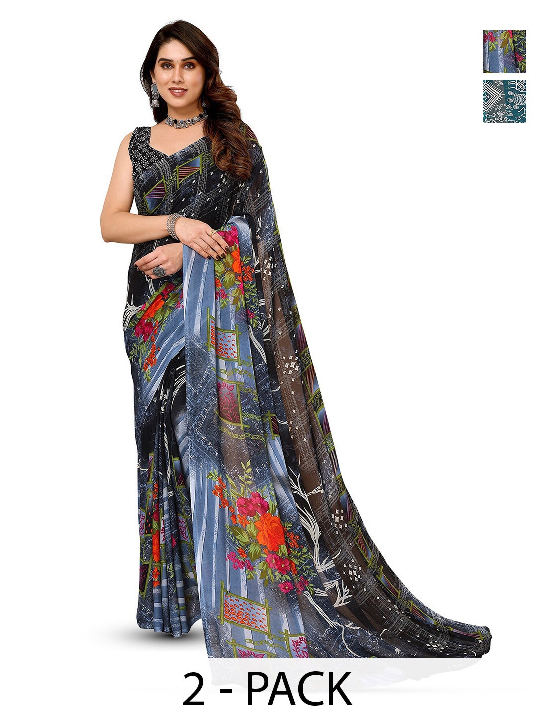 

ANAND SAREES Selection Of 2 Floral Printed Sarees, Black