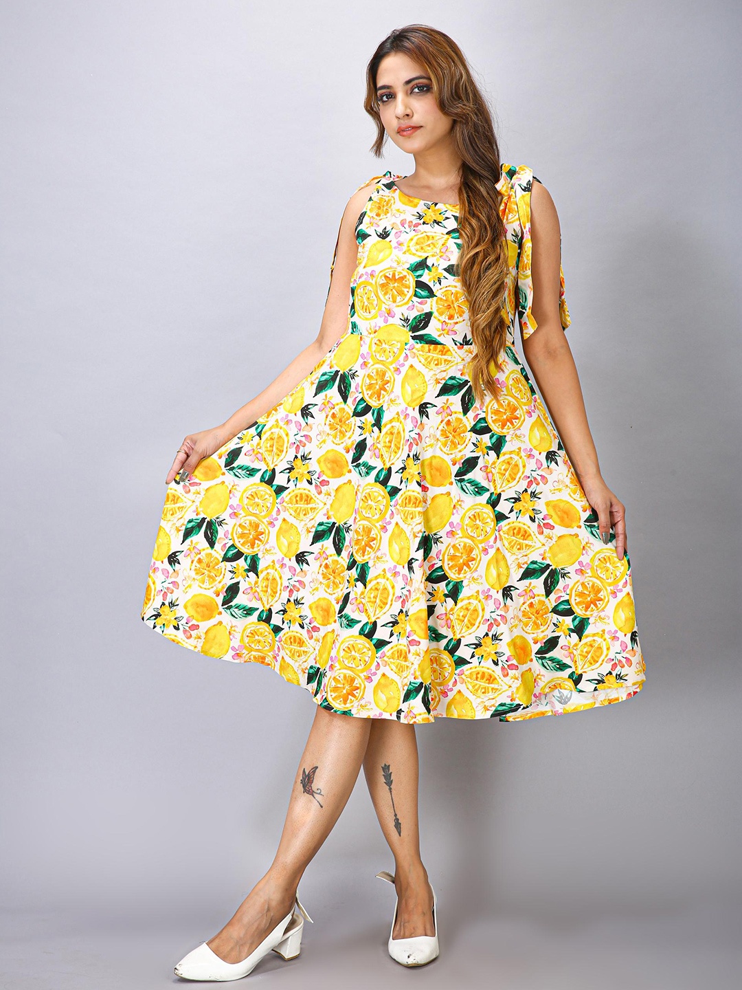 

MAIYEE Floral Printed Fit & Flare Dress, Yellow