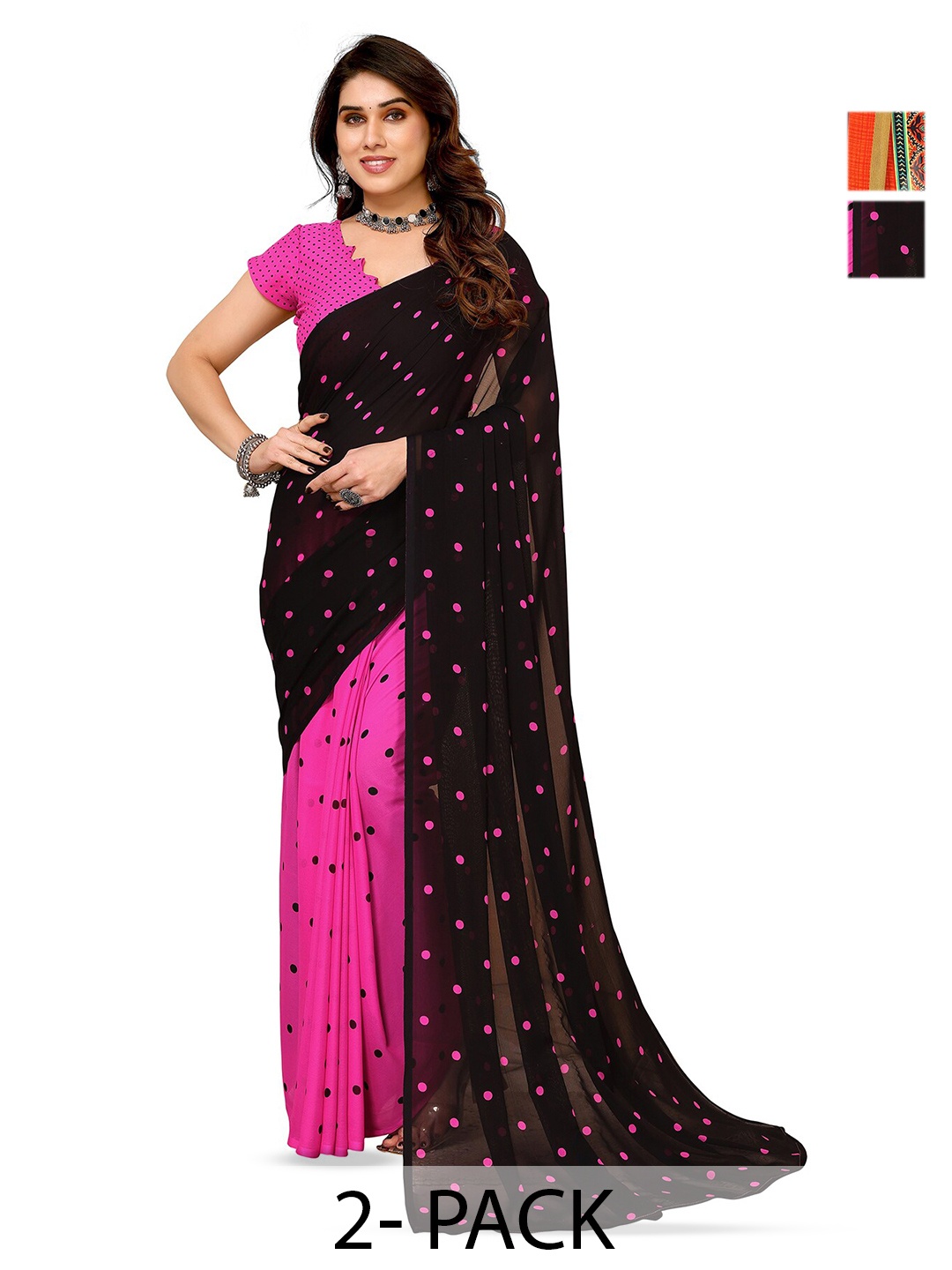 

ANAND SAREES Selection Of 2 Printed Sarees, Black