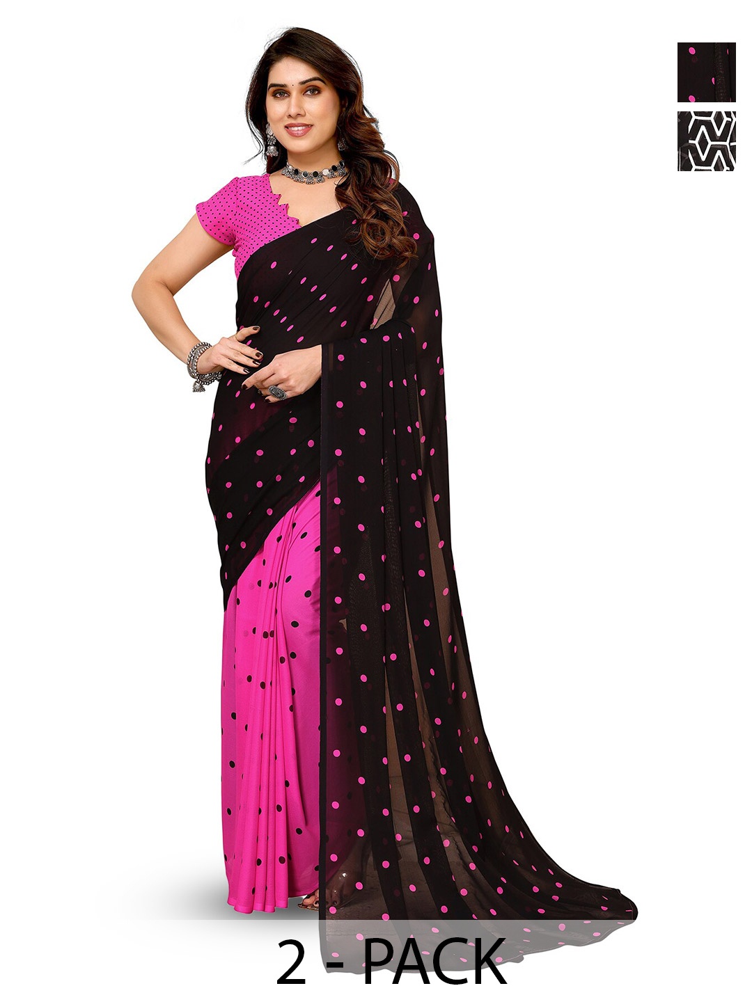 

ANAND SAREES Selection of 2 Polka Dots Printed Sarees, Black