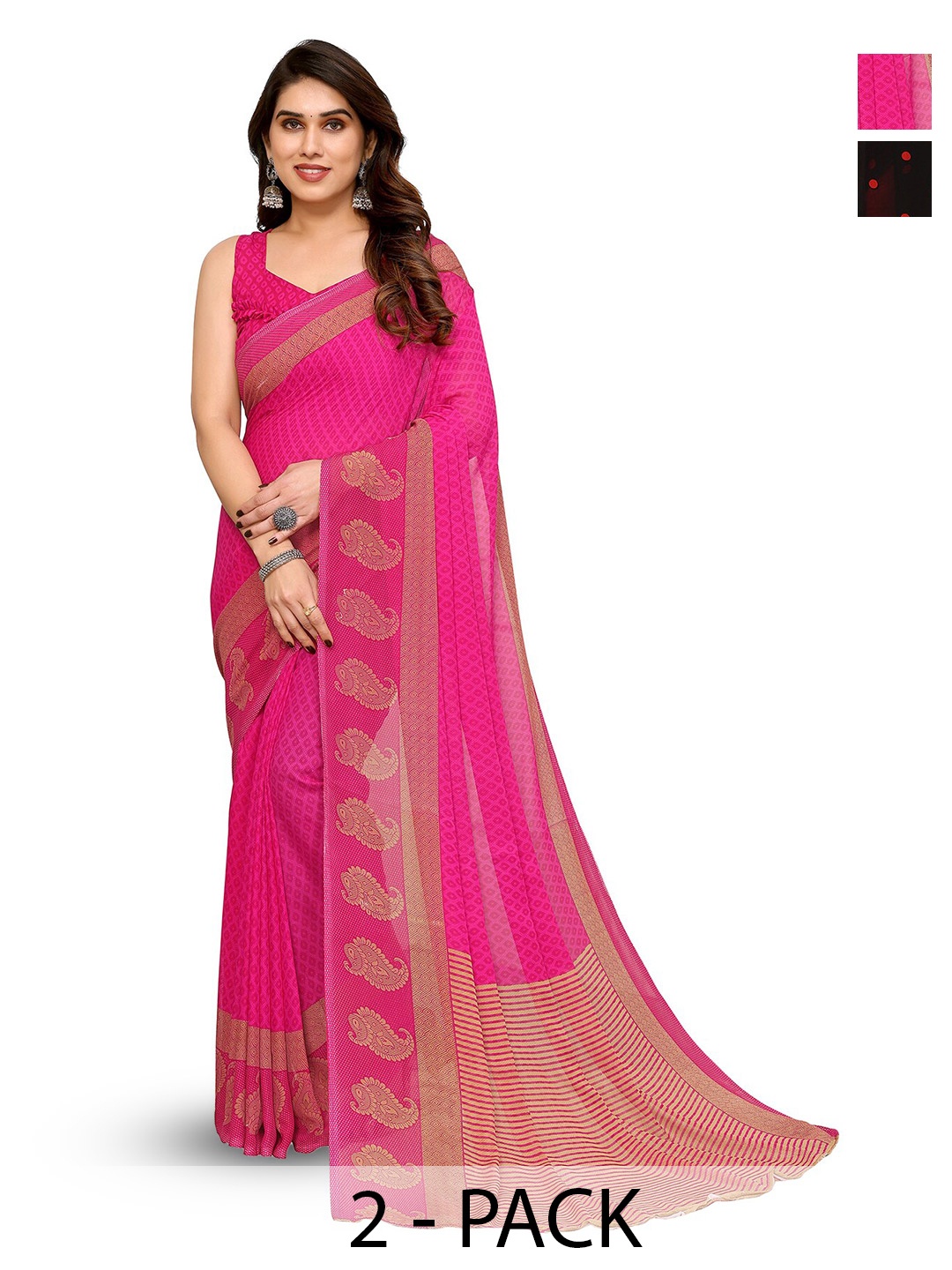 

ANAND SAREES Selection Of 2 Polka Dot Printed Half and Half Sarees, Pink