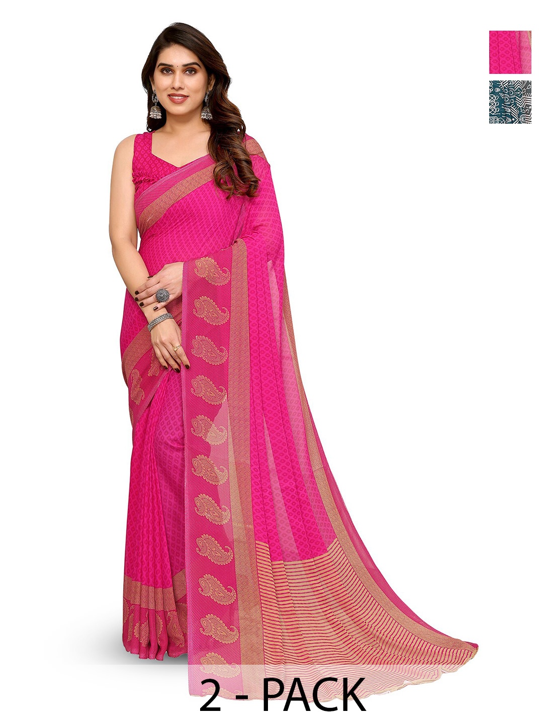 

ANAND SAREES Selection Of 2 Ethnic Motifs Printed Sarees, Pink