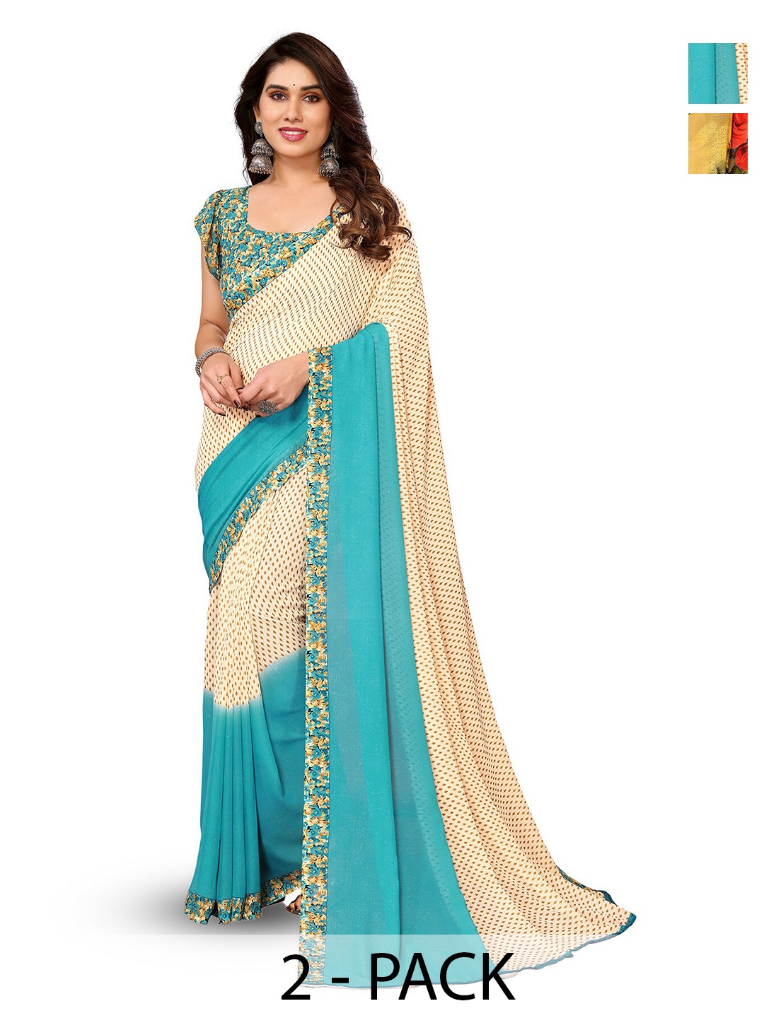

ANAND SAREES Selection Of 2 Ethnic Motifs Printed Sarees, Yellow