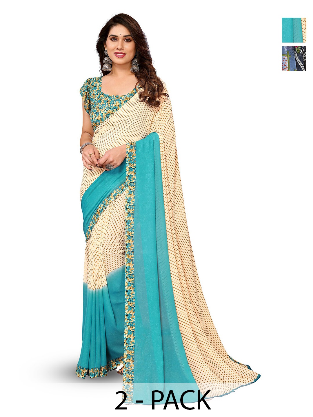

ANAND SAREES Selection Of 2 Floral Printed Sarees, Cream