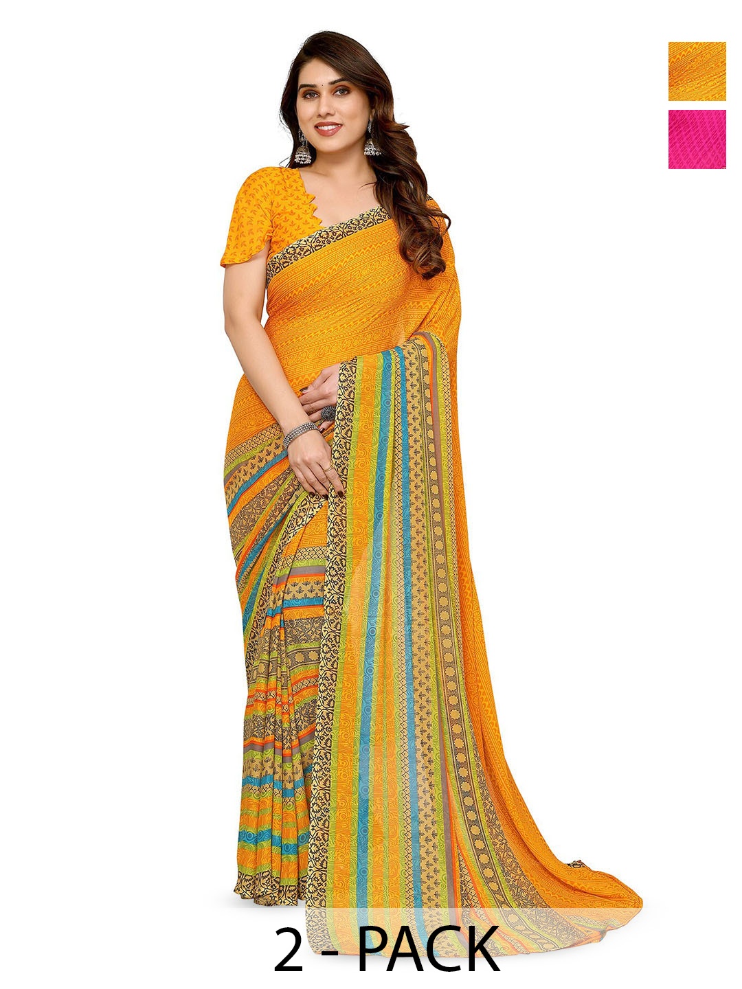 

ANAND SAREES Selection Of 2 Geometric Printed Sarees, Peach