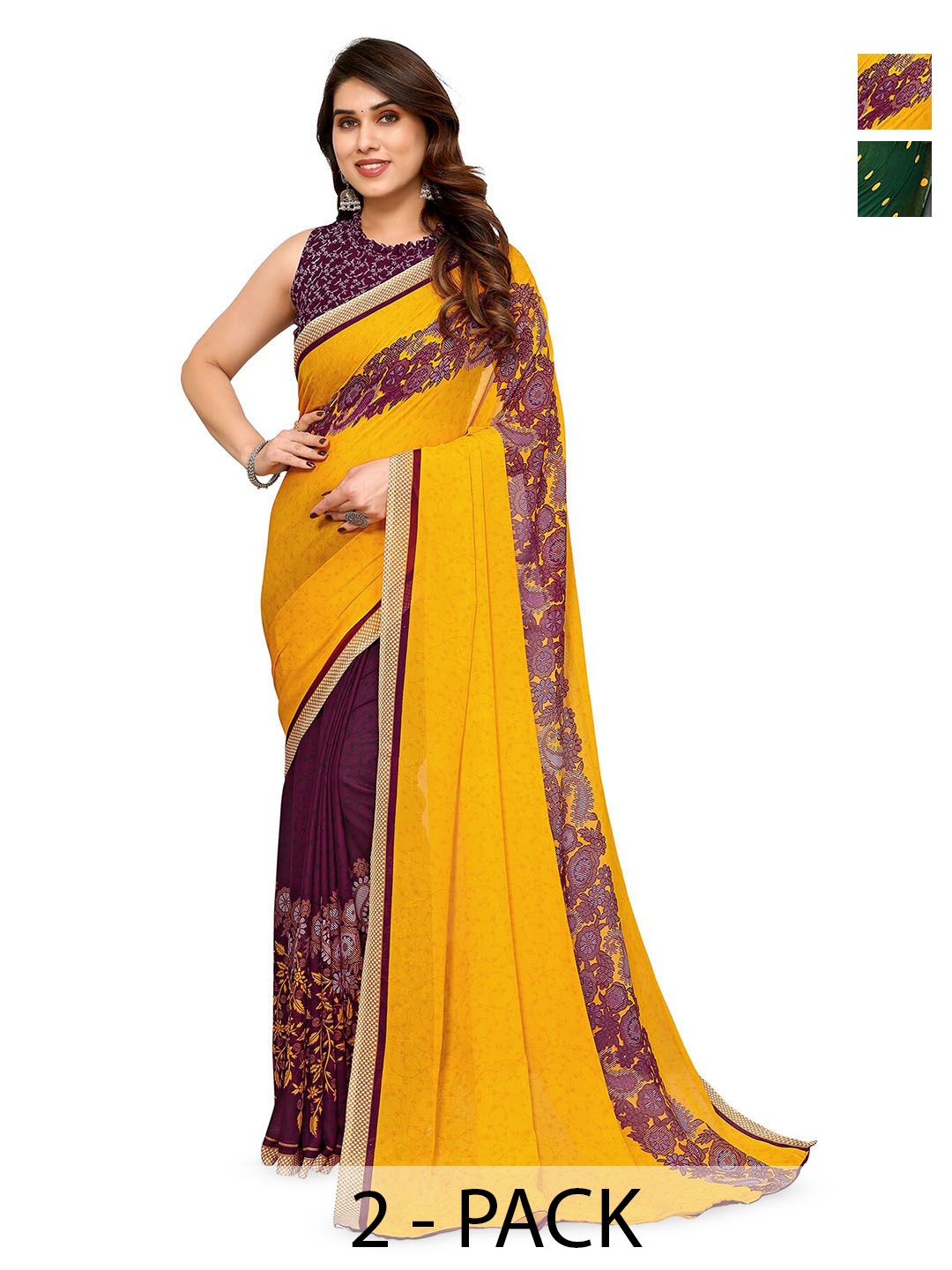 

ANAND SAREES Selection of 2 Polka Dots Printed Half & Half Sarees, Green