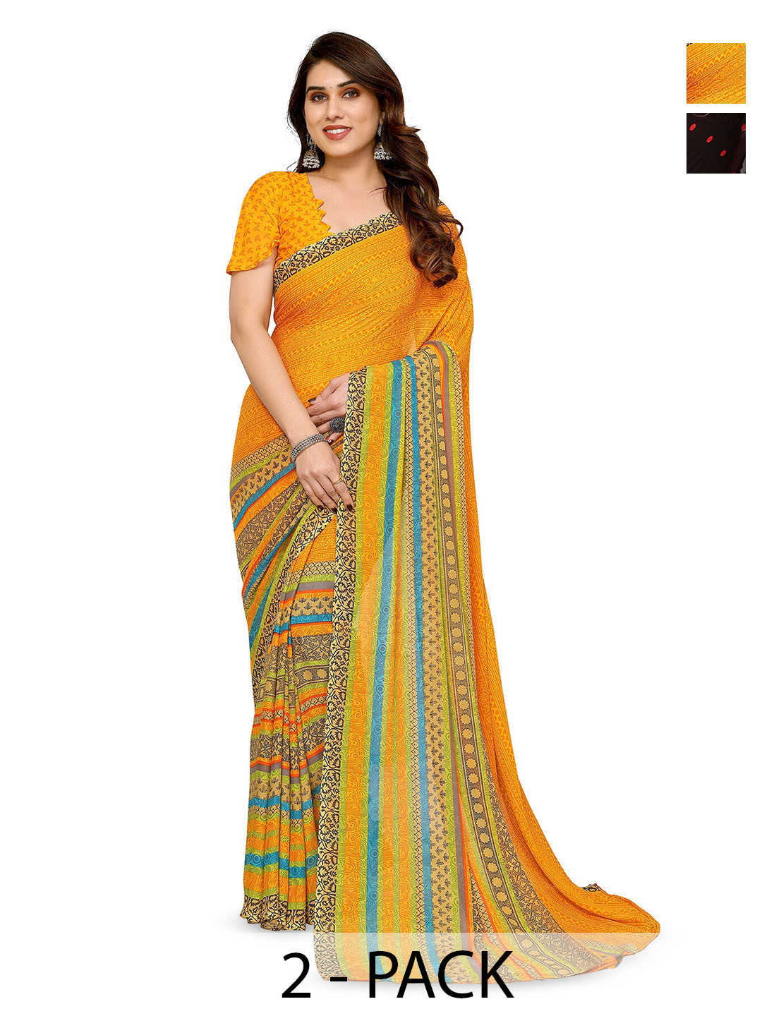 

ANAND SAREES Selection Of 2 Geometric Printed Saree, Orange