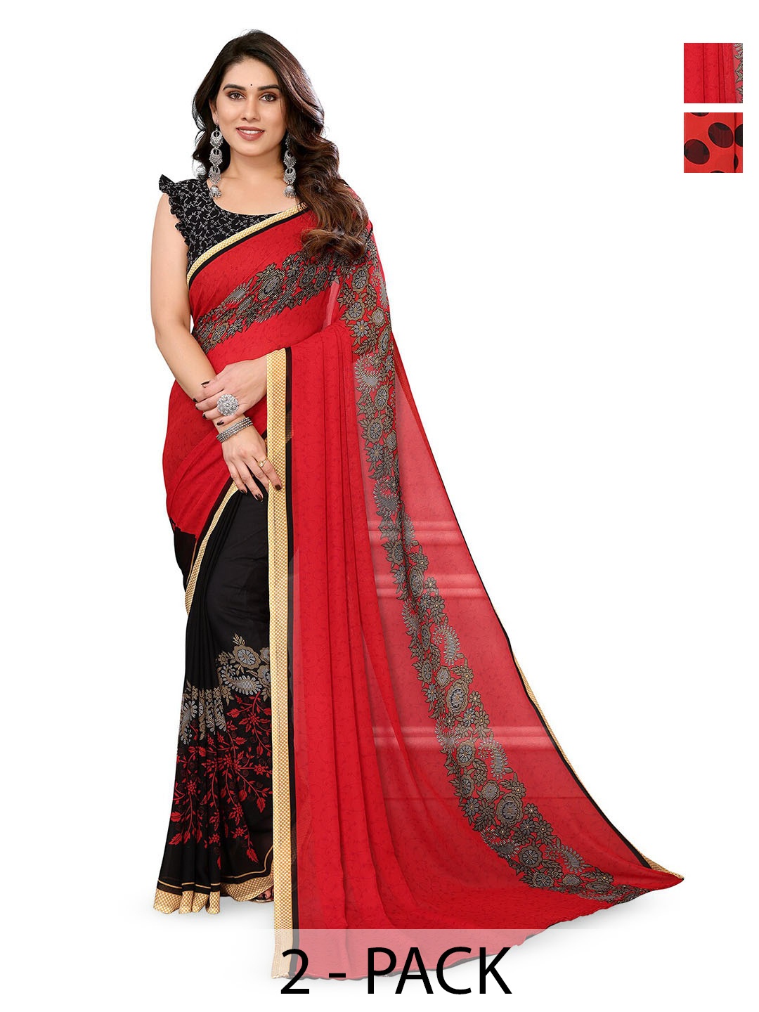 

ANAND SAREES Selection Of 2 Polka Dot Printed Saree, Red