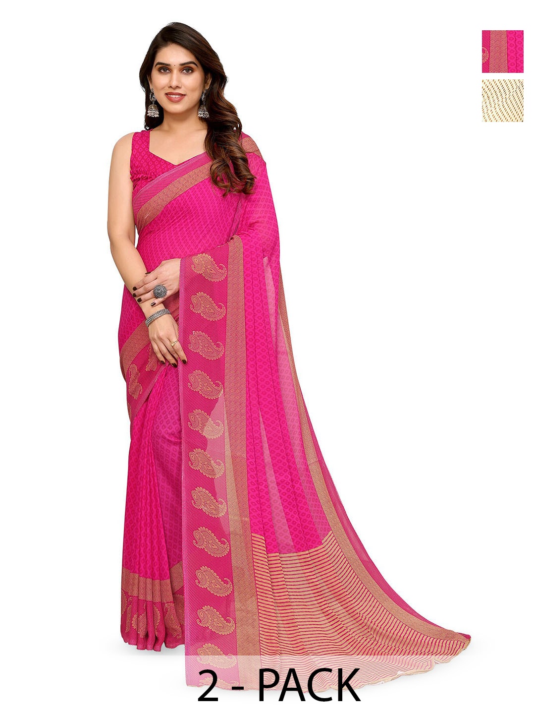 

ANAND SAREES Selection Of 2 Ethnic Motifs Printed Sarees, Pink