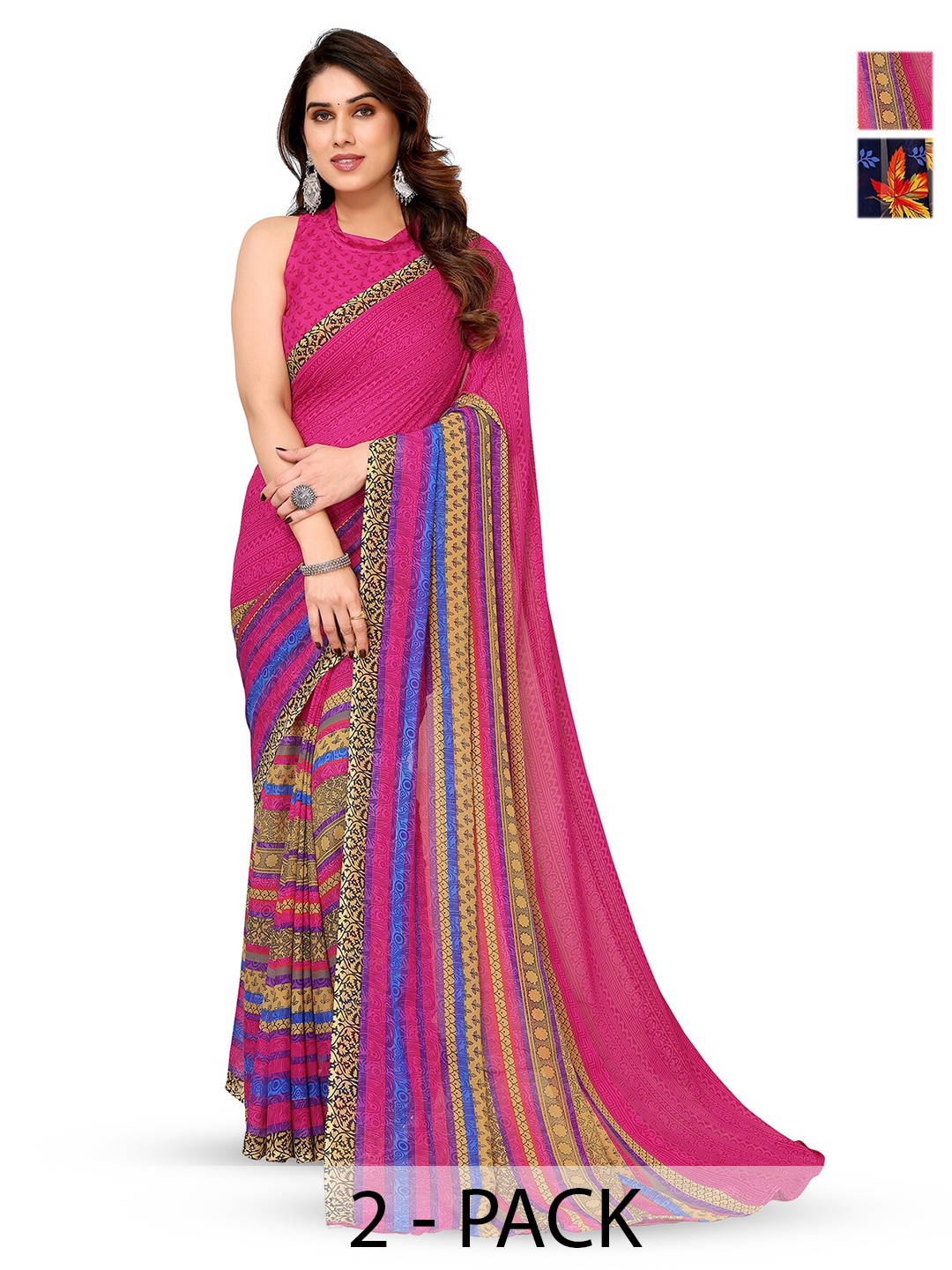 

ANAND SAREES Selection Of 2 Printed Sarees, Pink