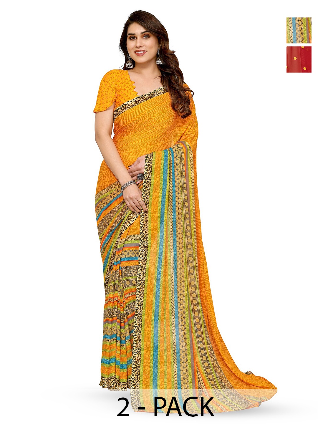 

ANAND SAREES Selection Of 2 Polka Dot Printed Saree, Yellow