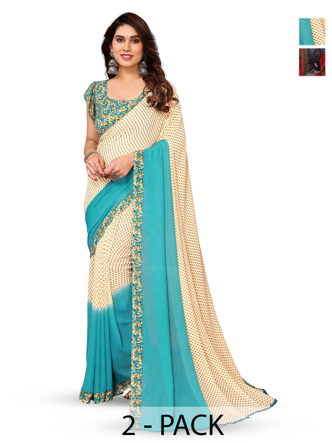 

ANAND SAREES Selection Of 2 Floral Printed Sarees, Beige