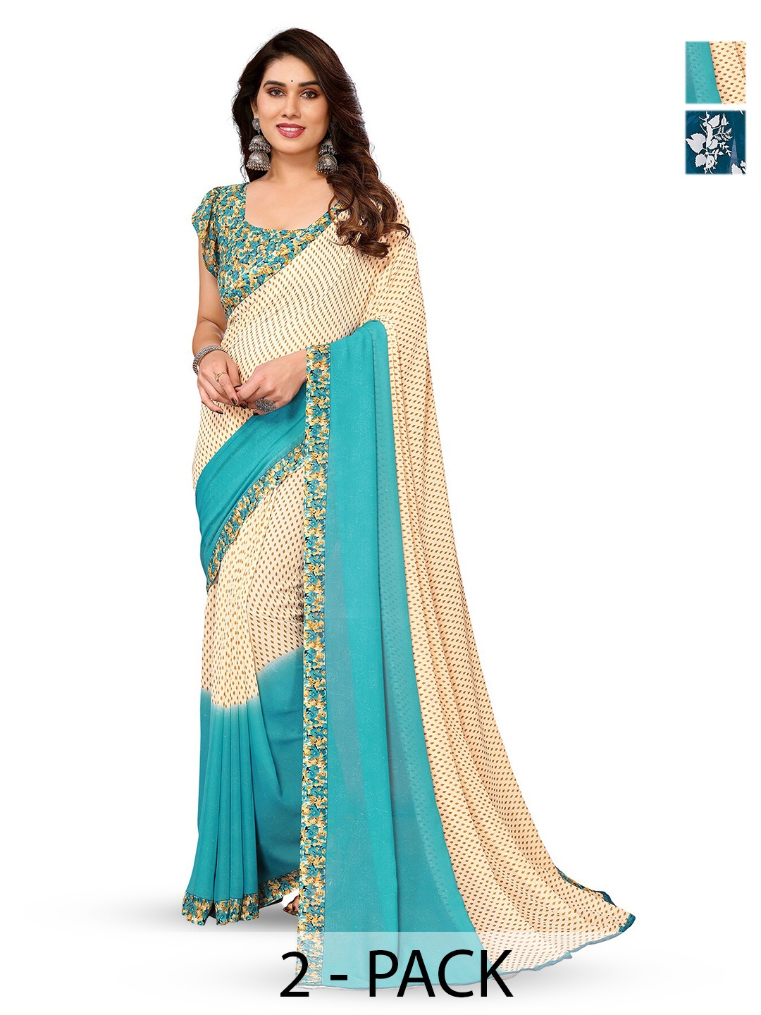 

ANAND SAREES Selection Of 2 Printed Sarees, Blue