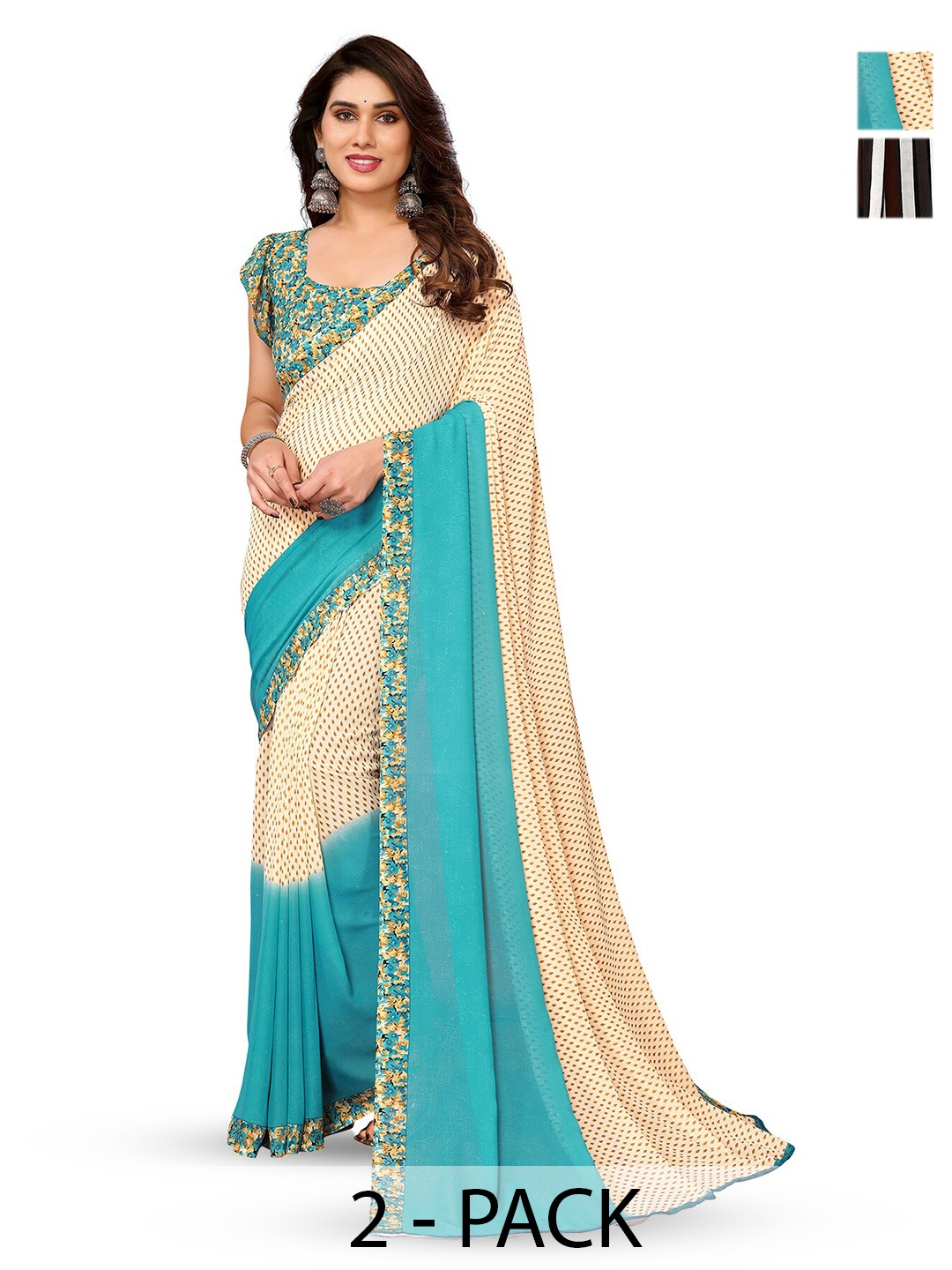 

ANAND SAREES Selection Of 2 Striped Sarees, Black