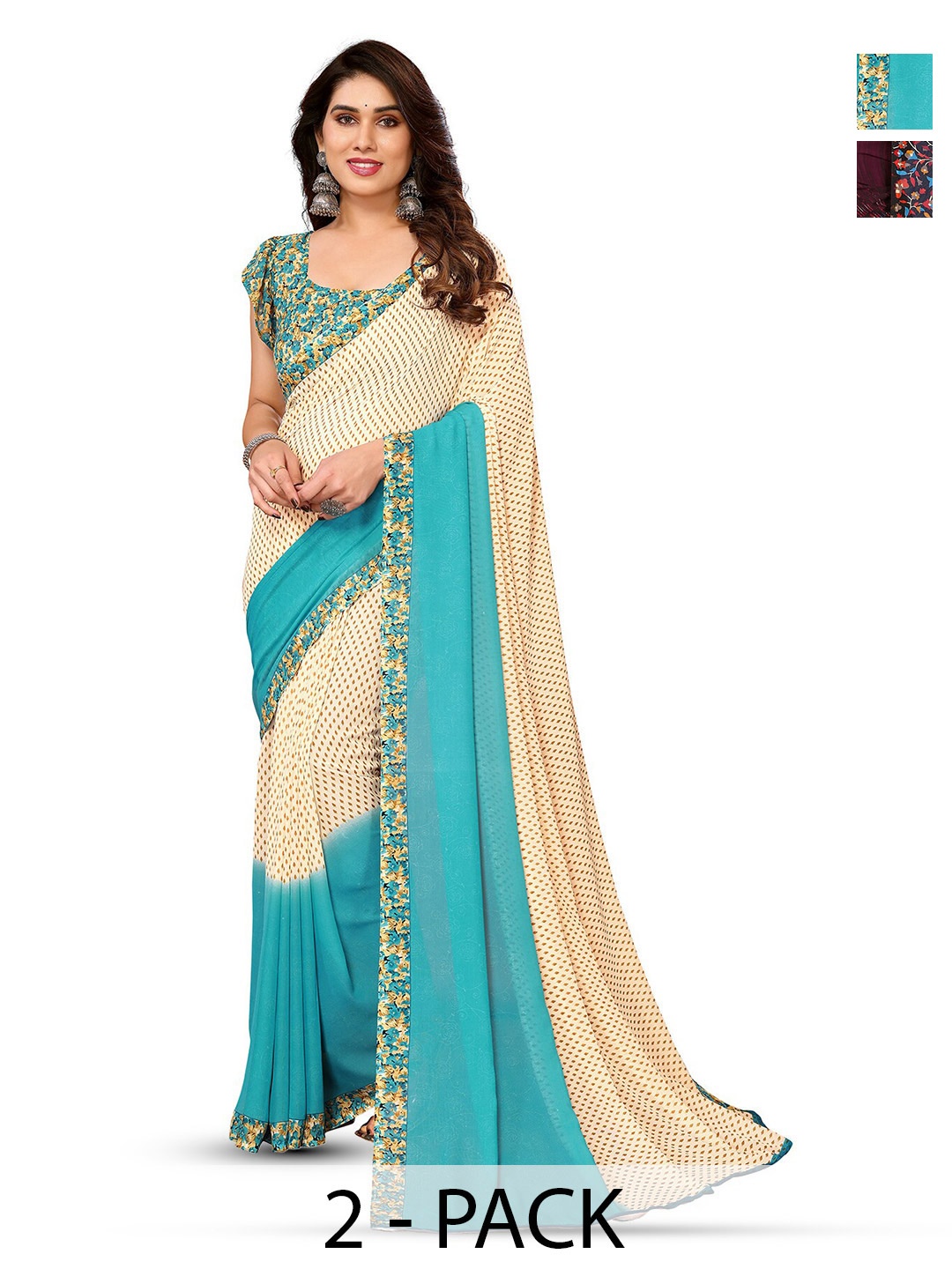 ANAND SAREES Selection Of 2 Printed Sarees, Blue