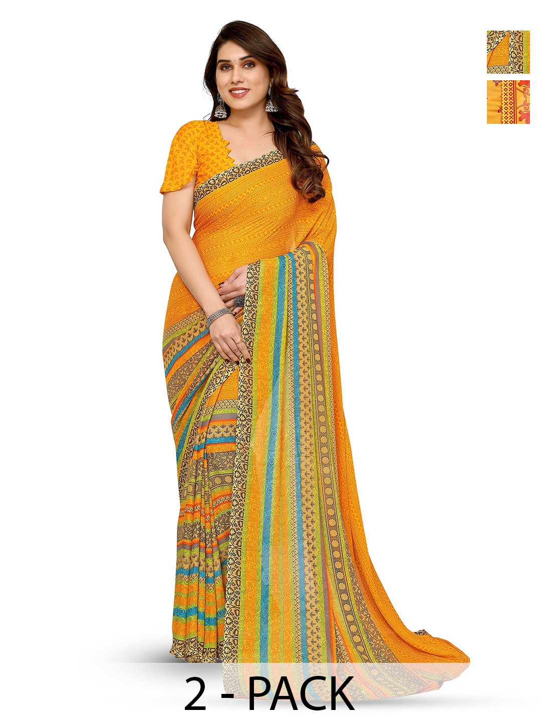 

ANAND SAREES Selection Of 2 Floral Printed Sarees, Orange