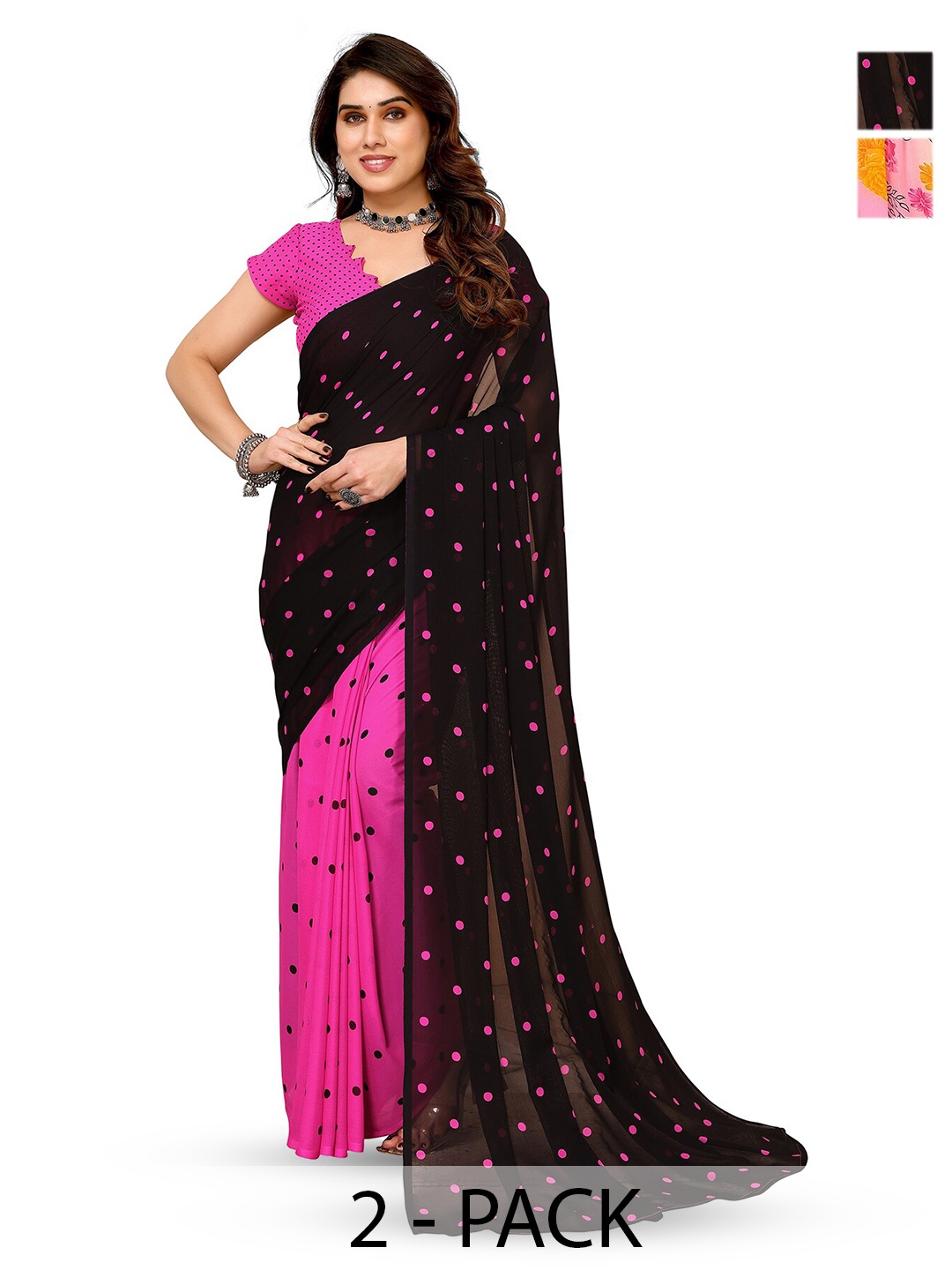 

ANAND SAREES Selection Of 2 Printed Sarees, Black