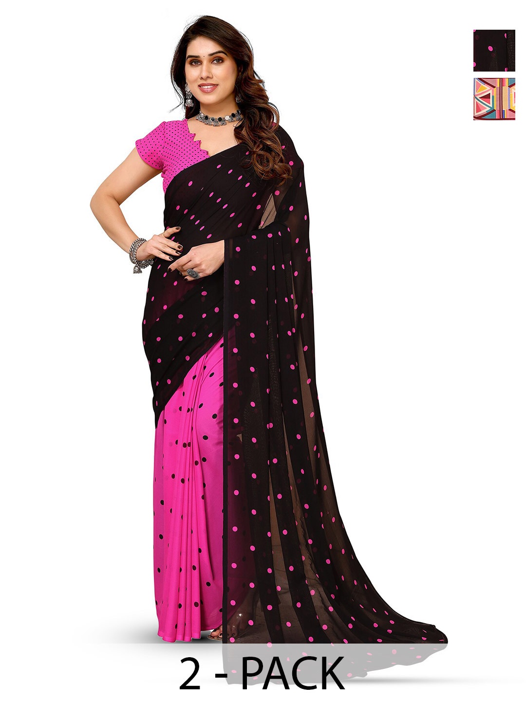 

ANAND SAREES Selection Of 2 Printed Sarees, Black