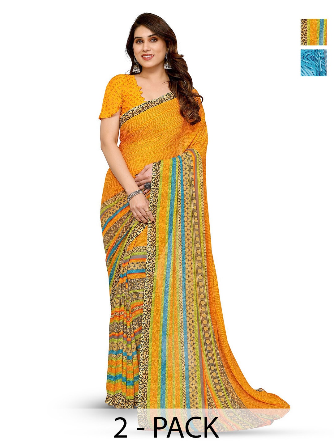 

ANAND SAREES Selection Of 2 Printed Sarees, Blue