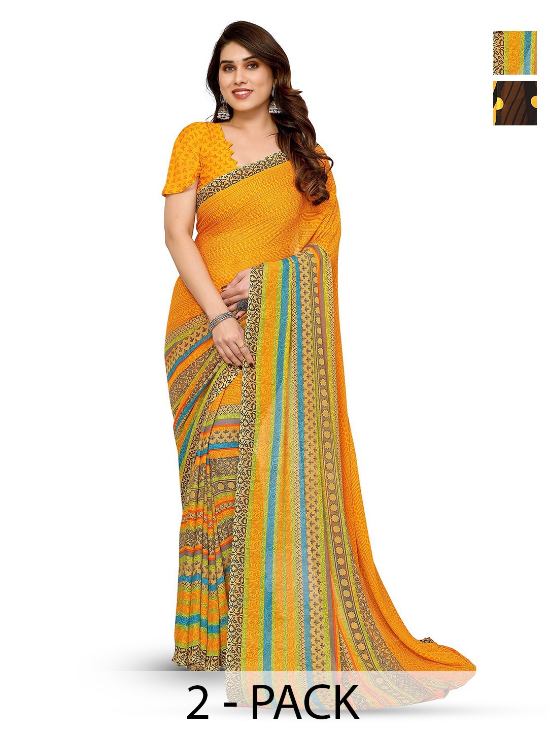 ANAND SAREES Selection Of 2 Floral Printed Sarees, Black