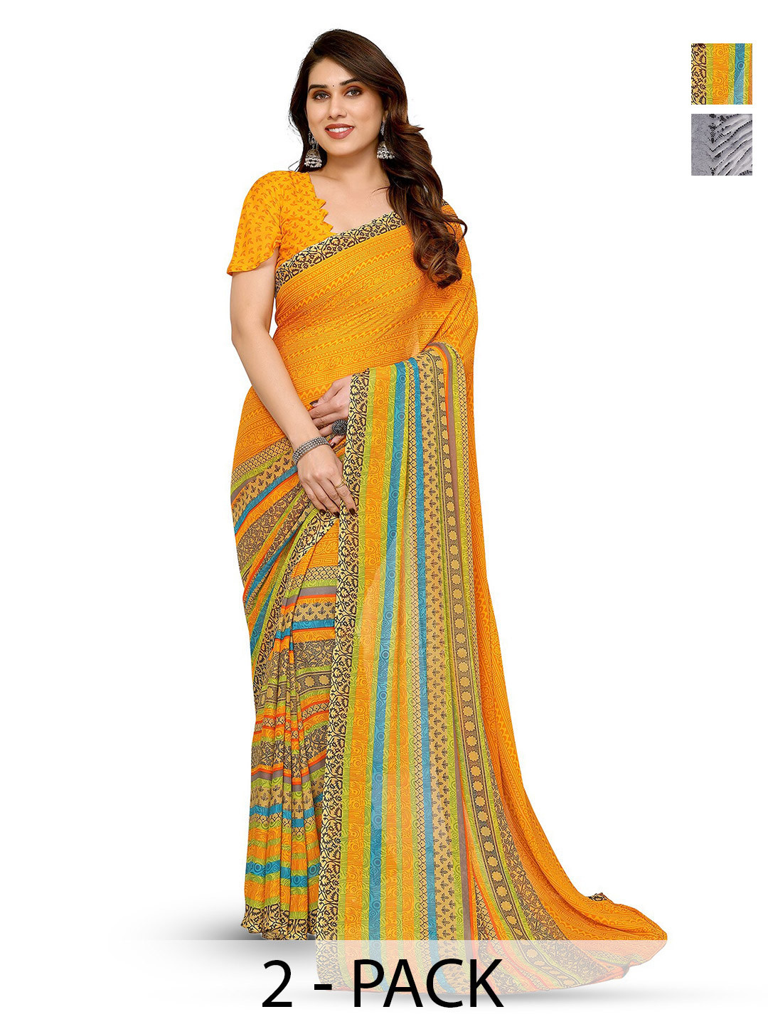 

ANAND SAREES Selection Of 2 Printed Georgette Saree, Grey