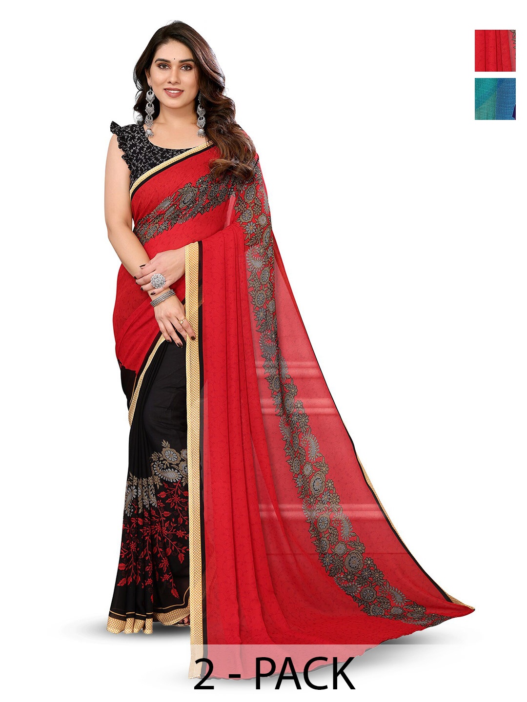 

ANAND SAREES Selection Of 2 Floral Printed Sarees, Red