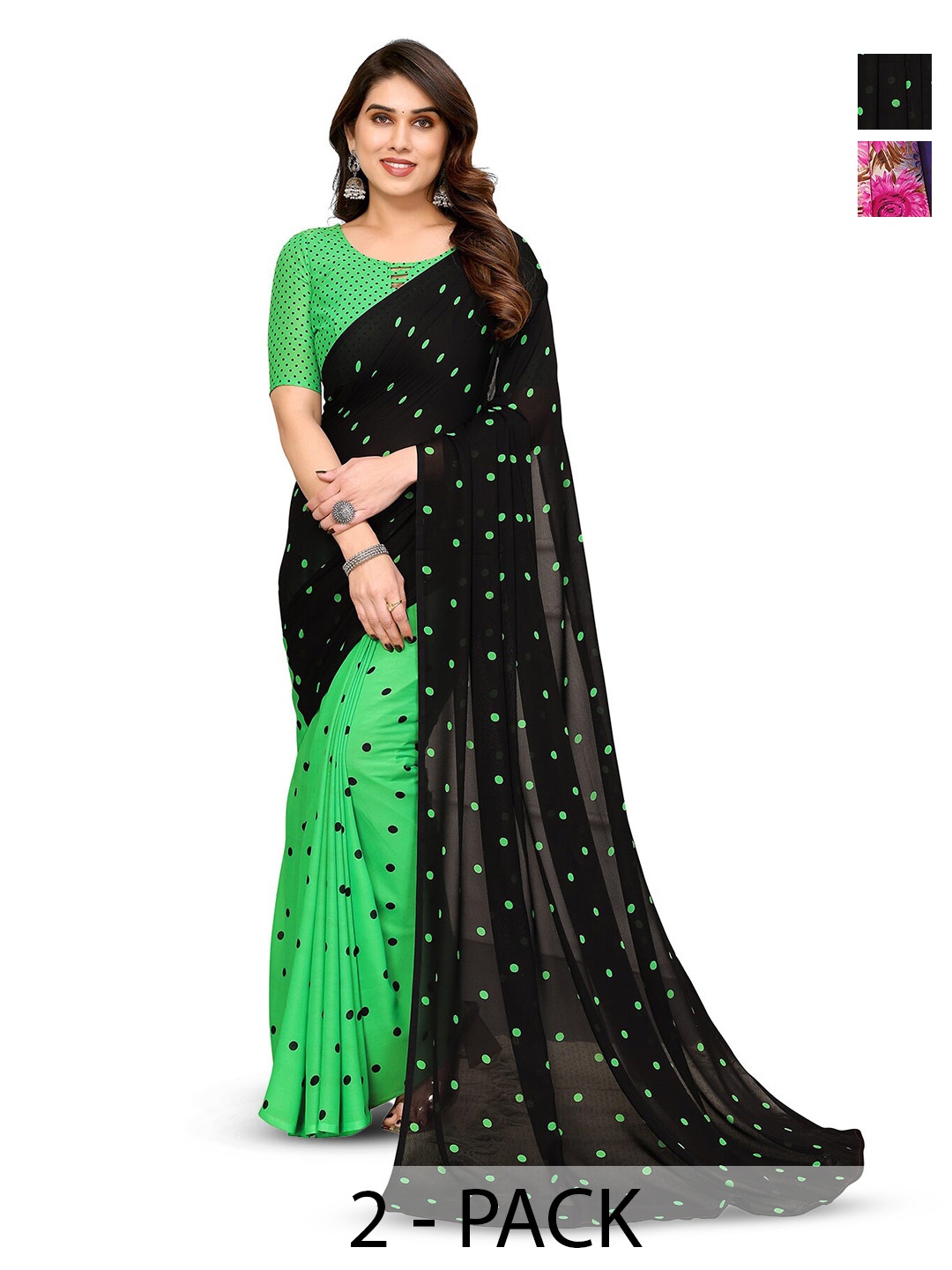 

ANAND SAREES Selection Of 2 Polka Dot Printed Sarees, Green