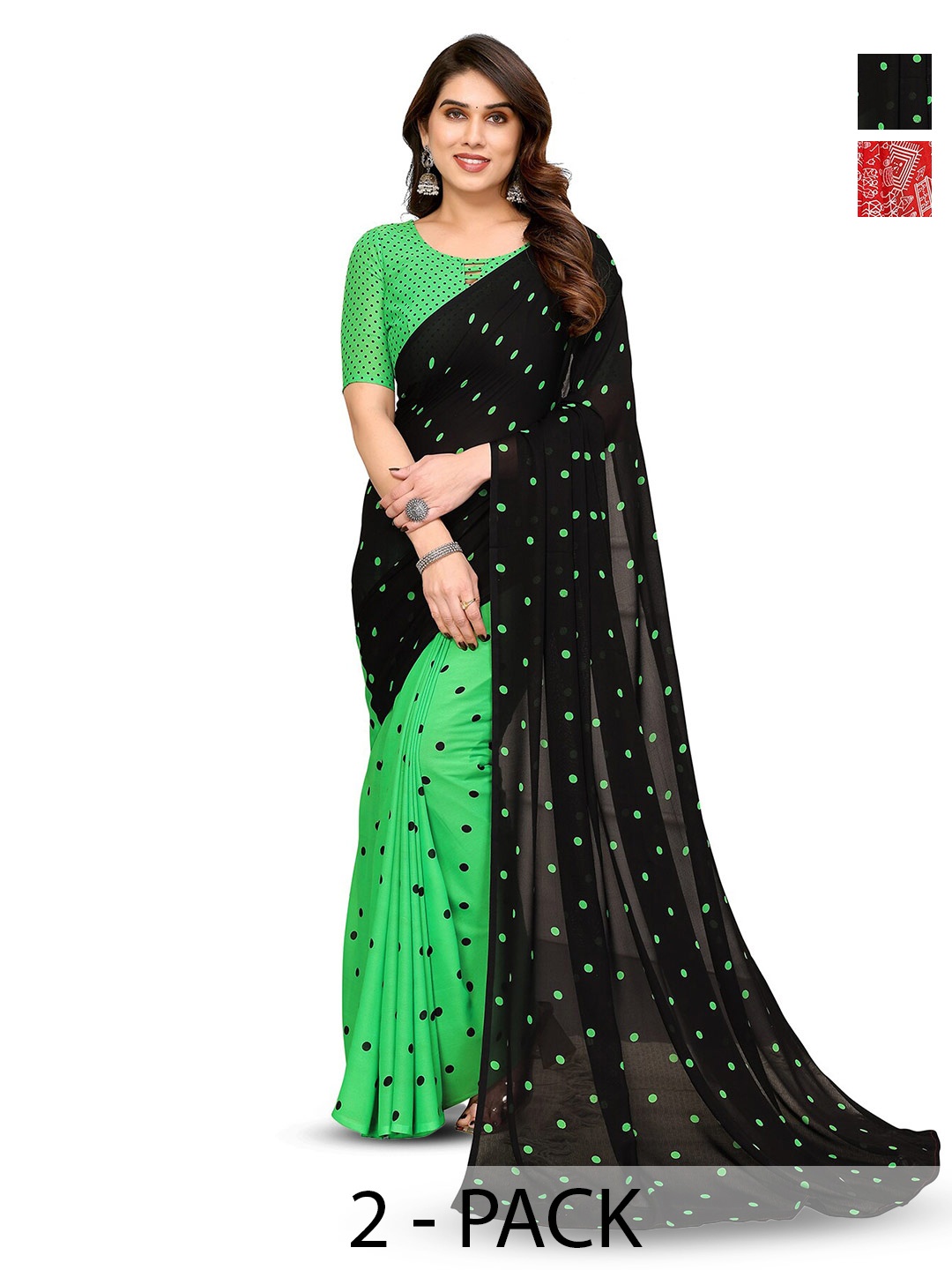 

ANAND SAREES Selection Of 2 Polka Dot Printed Half & Half Sarees, Black