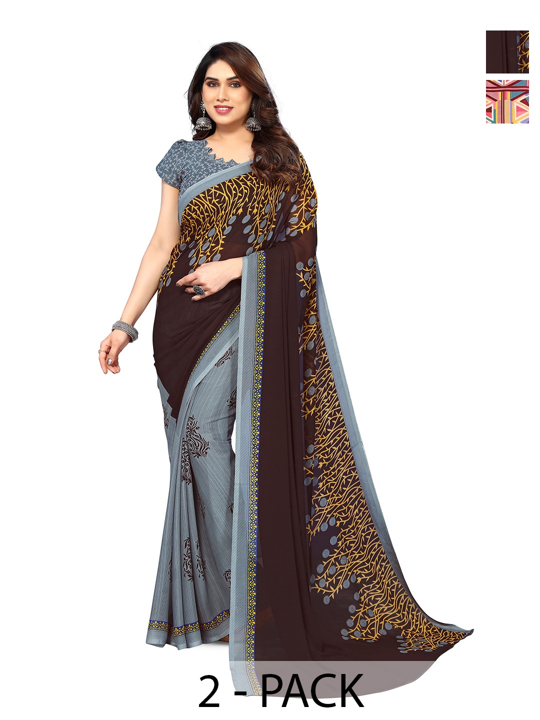 

ANAND SAREES Selection Of 2 Floral Printed Sarees, Grey