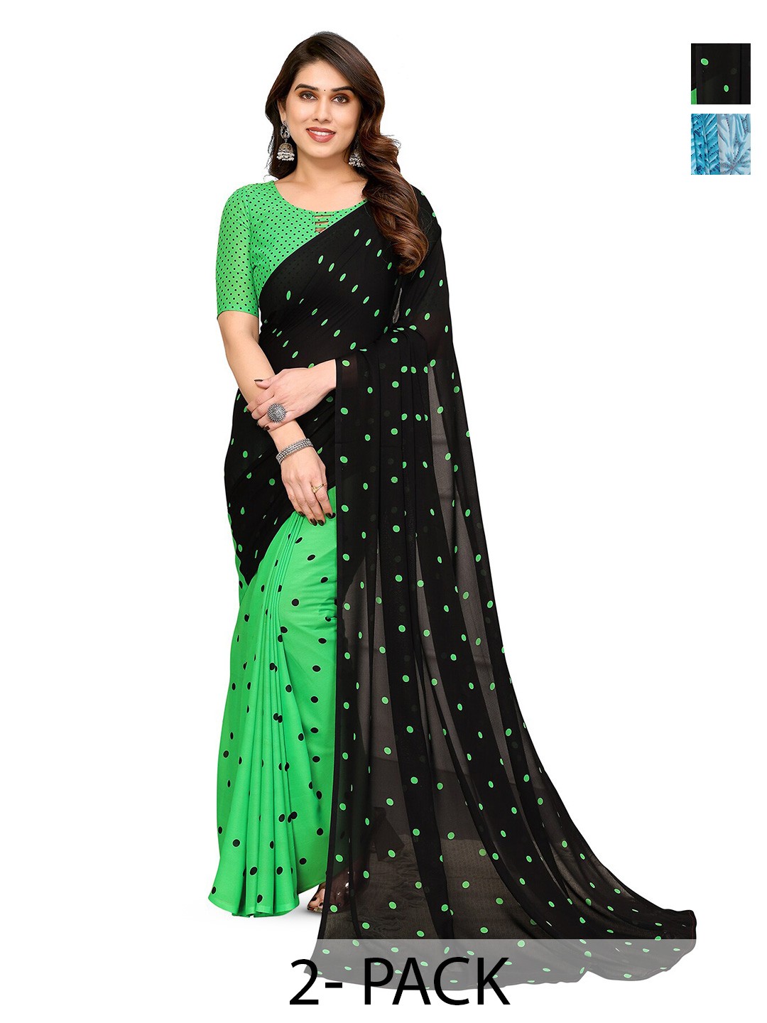 

ANAND SAREES Selection Of 2 Polka Dot Printed Sarees, Black