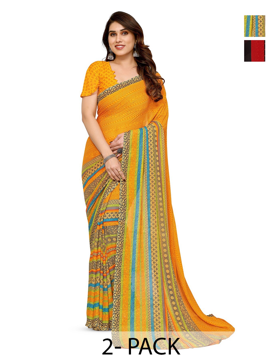 

ANAND SAREES Selection of 2 Floral Printed Saree, Orange
