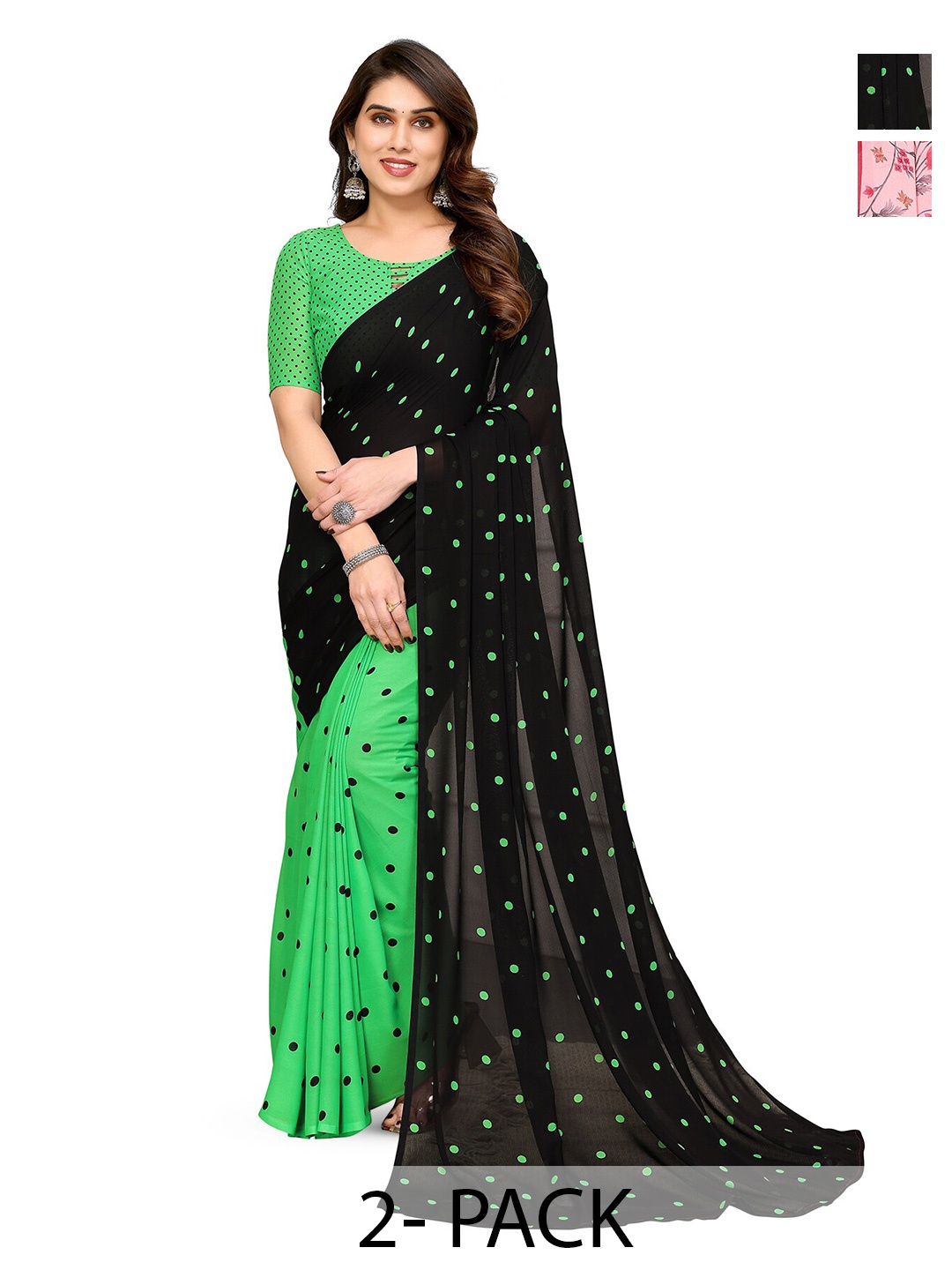 

ANAND SAREES Pack of 2 Polka Dot Printed Georgette Saree, Black