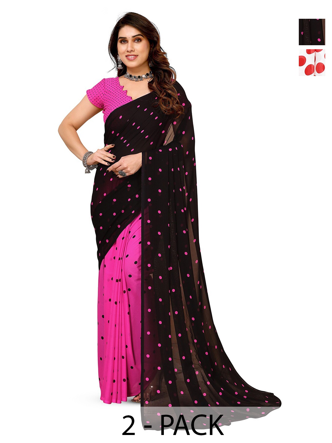 

ANAND SAREES Selection of 2 Polka Dots Printed Sarees, White